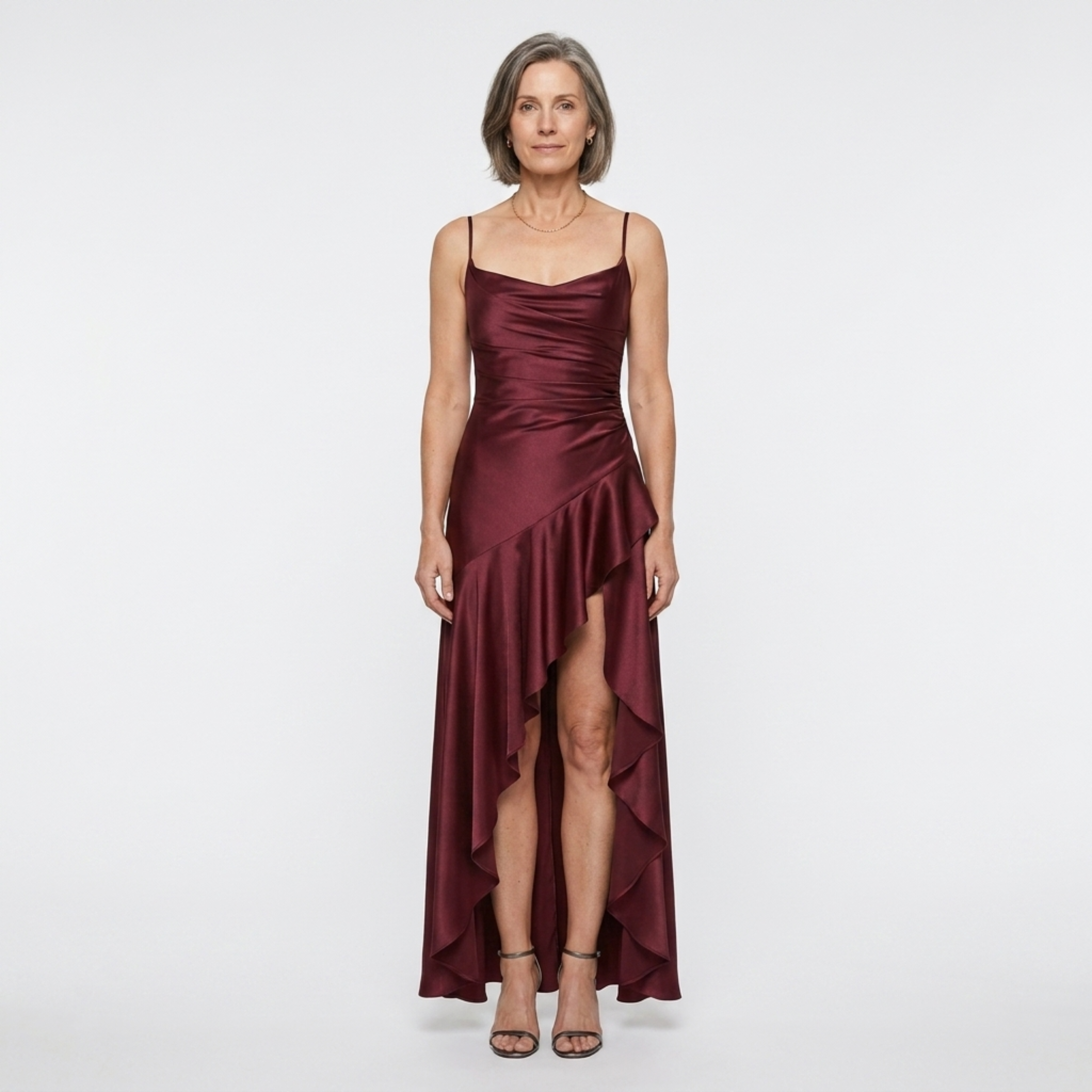 Vestido largo de mujer — satén con dobladillo asimétrico y volantes | noche elegante