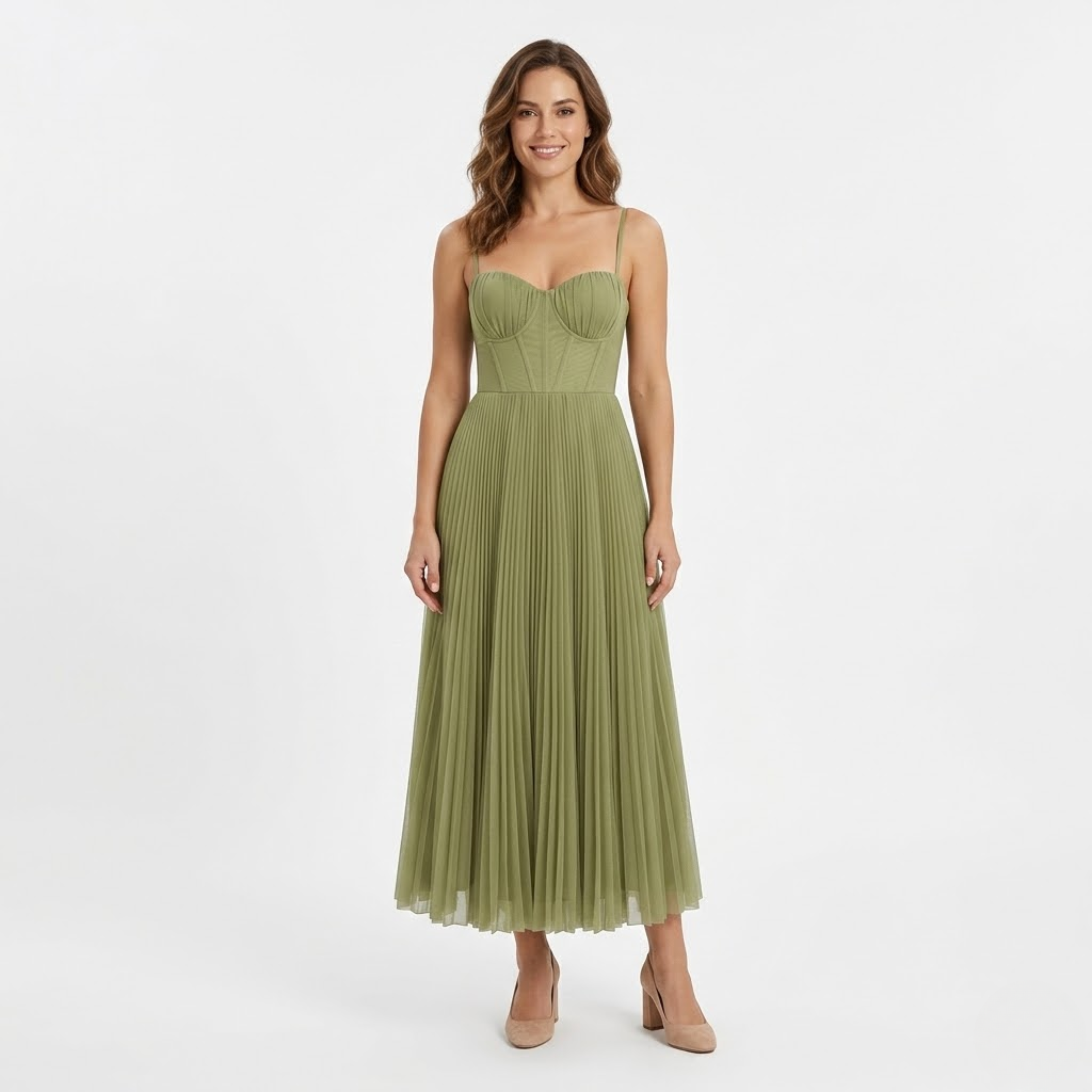 Robe Longue de Soirée Plissée avec Bustier à Bretelles et Fermeture Éclair Arrière