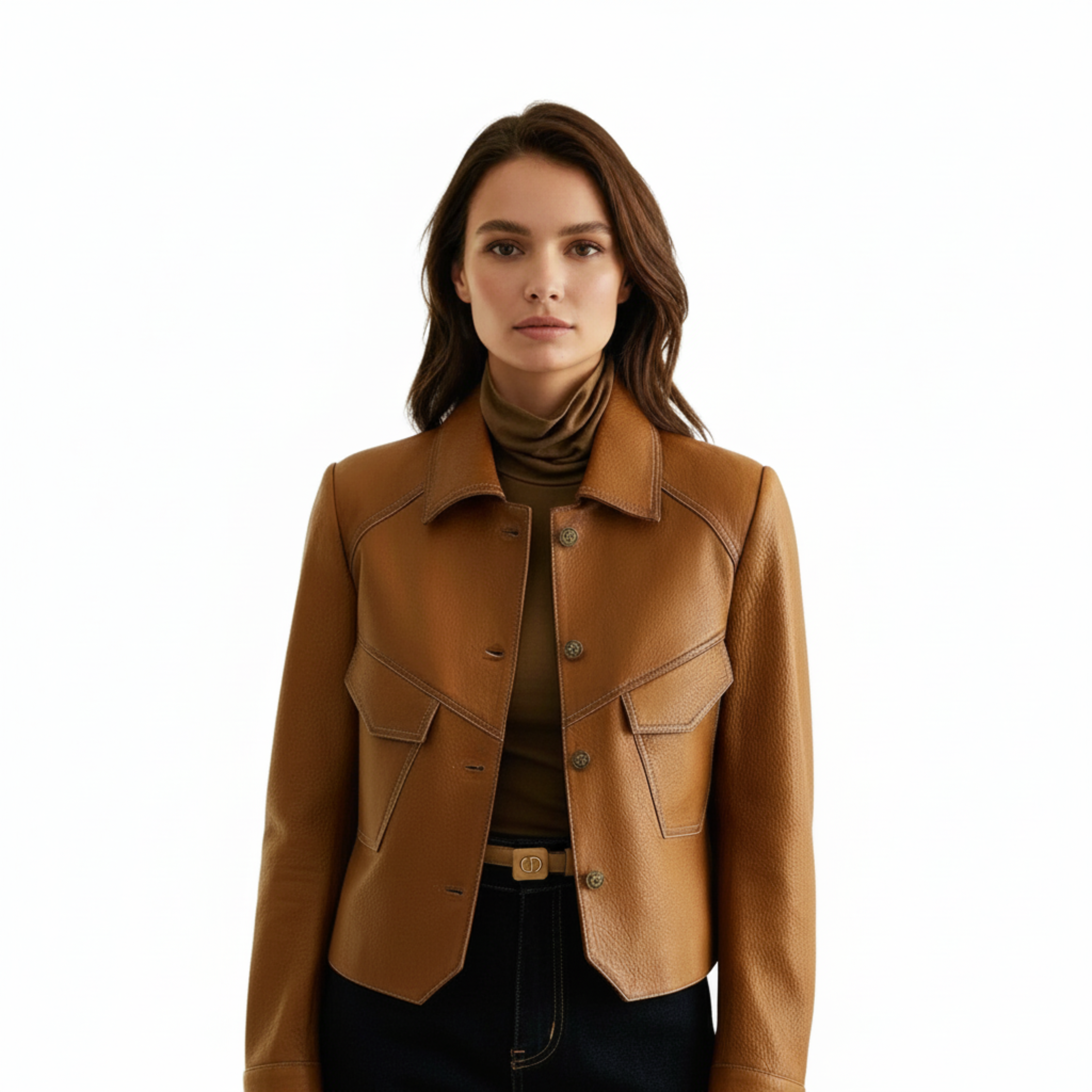 Veste en Cuir pour Femme avec Boutons et Taille Cintrée Coupe Classique