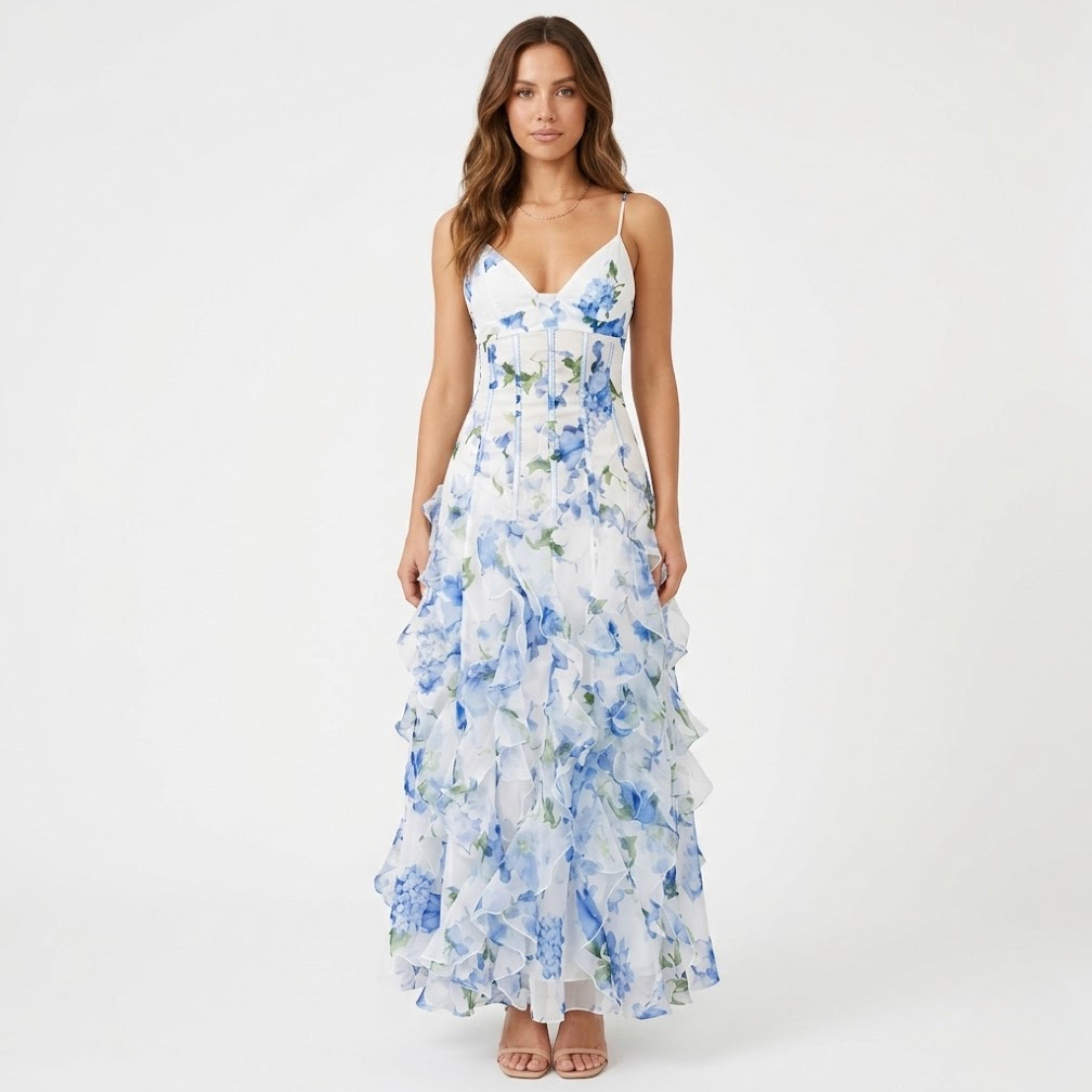 Virágos fodros hosszú ruha fűzős mellrésszel és vékony pántokkal