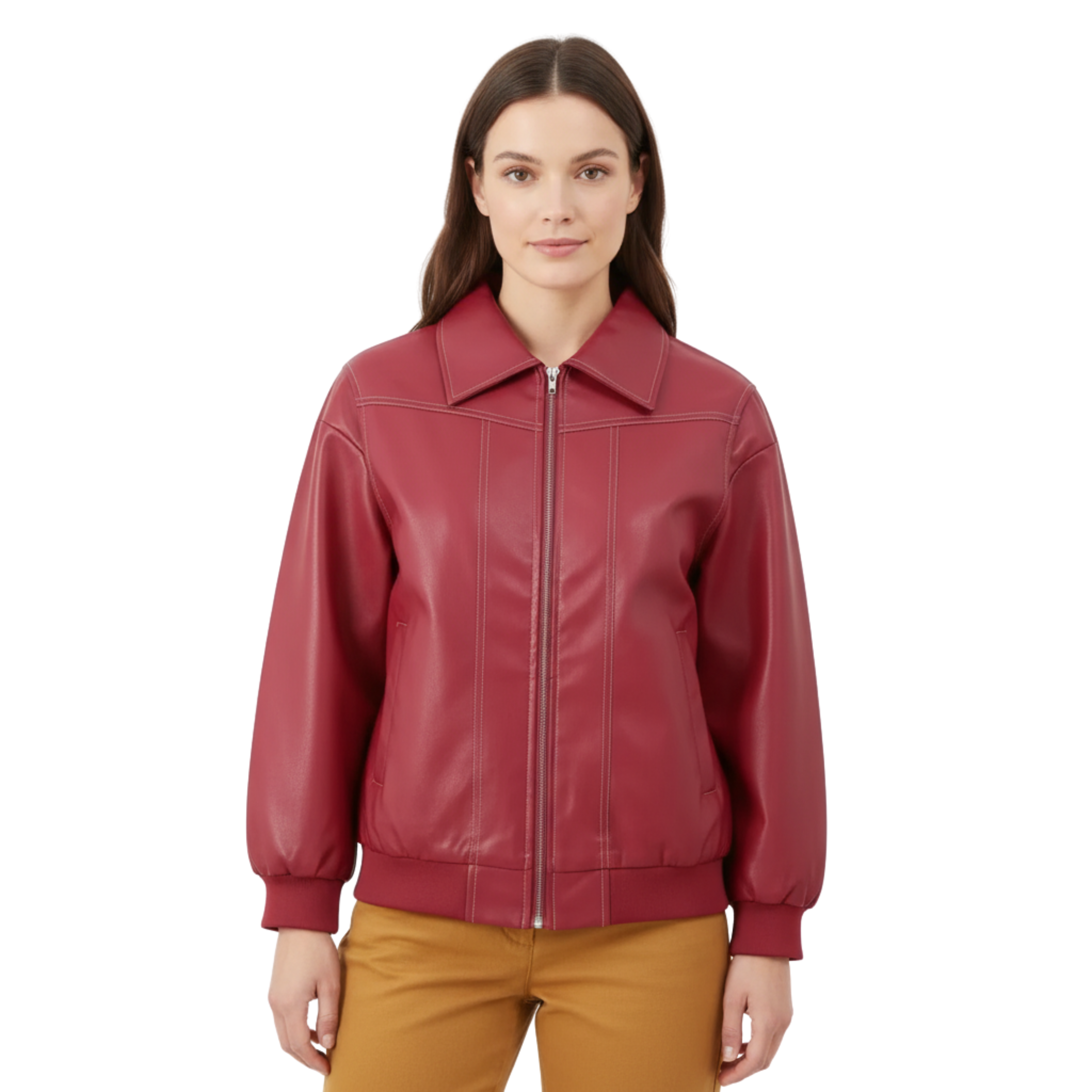 Blouson Bomber Oversize en Similicuir avec Coutures Contrastées pour Femme