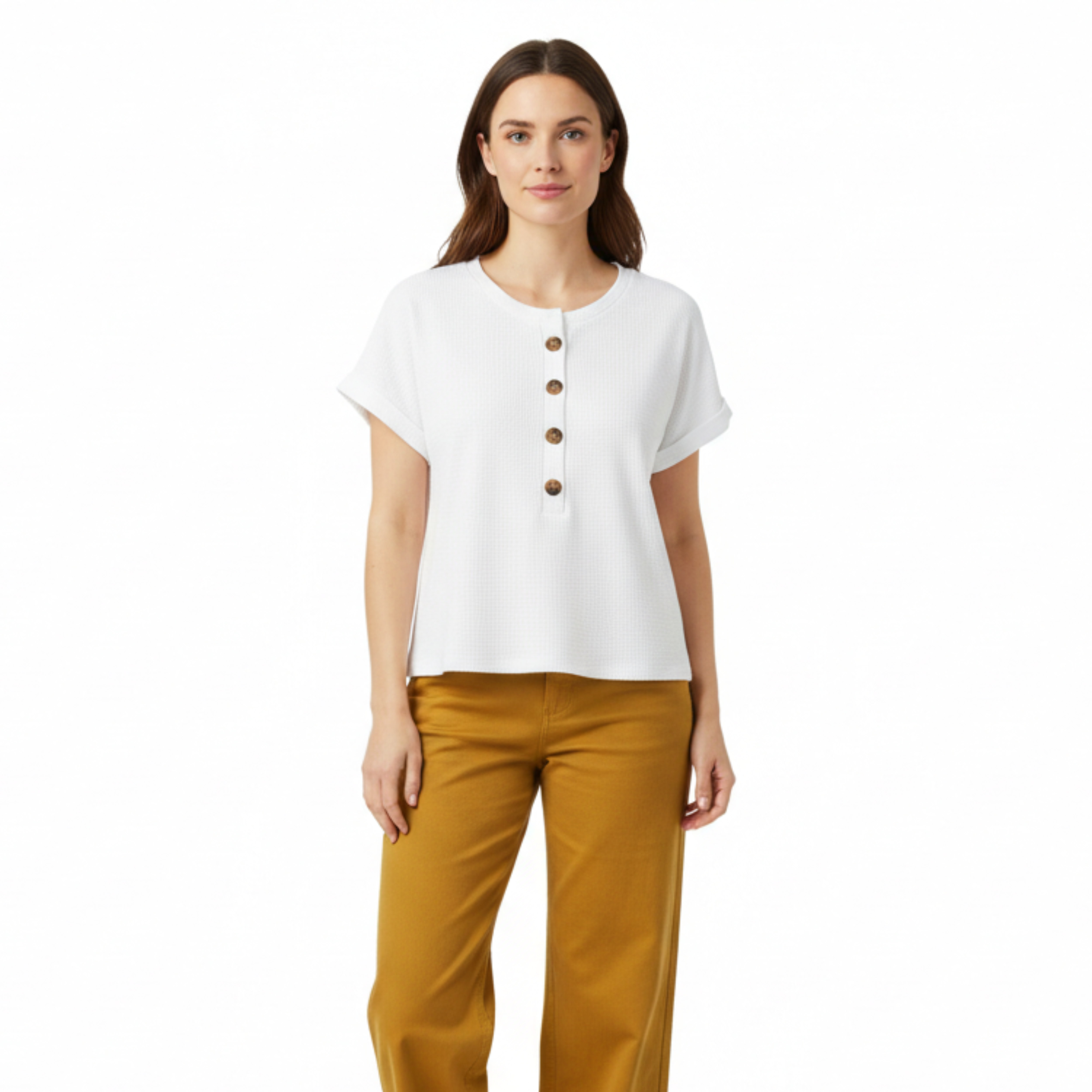 T-shirt donna a maniche corte, taglio ampio, in maglia con dettagli di bottoni decorativi