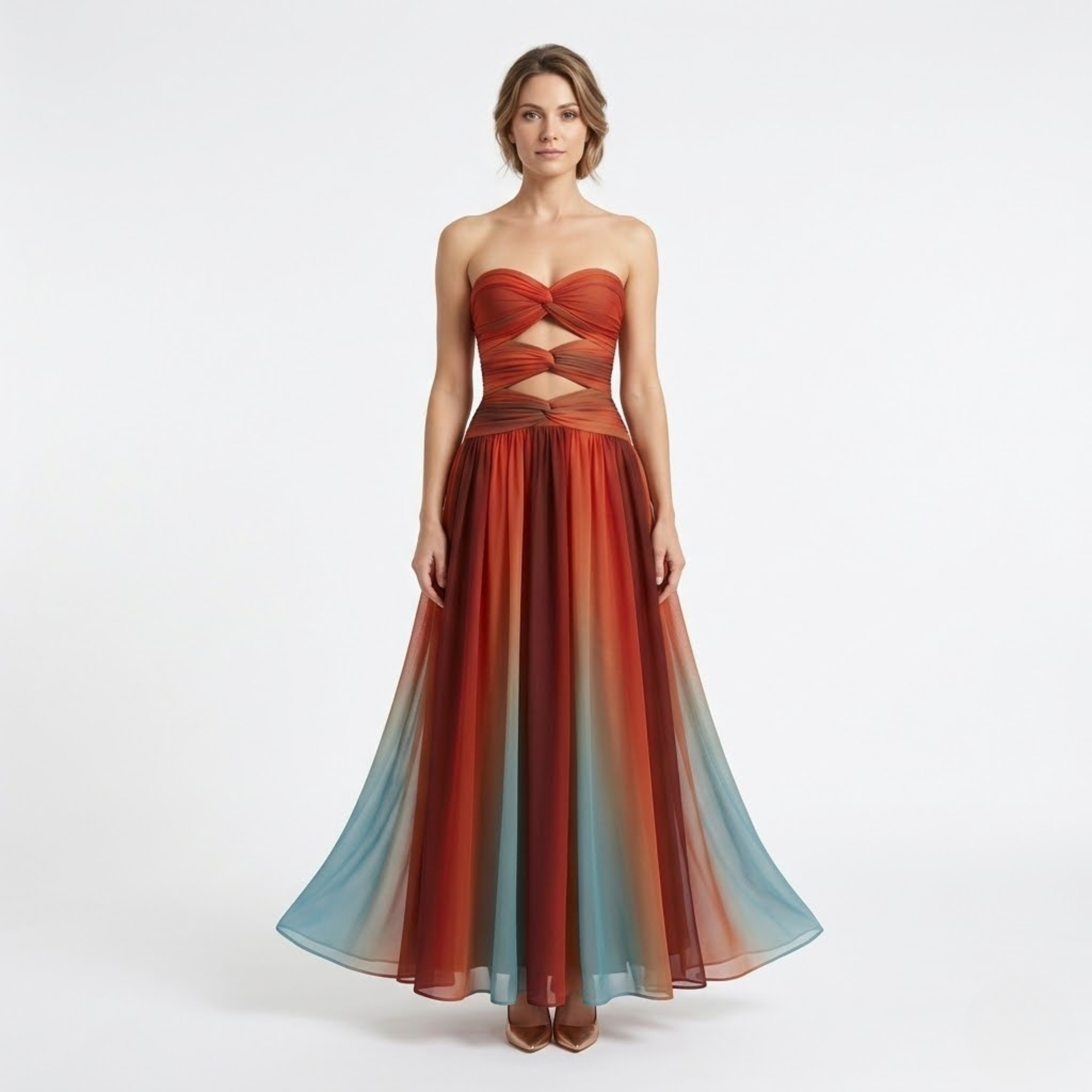 Hosszú, bővülő ruha vállvillantós, áttört részletekkel és ombre mintával