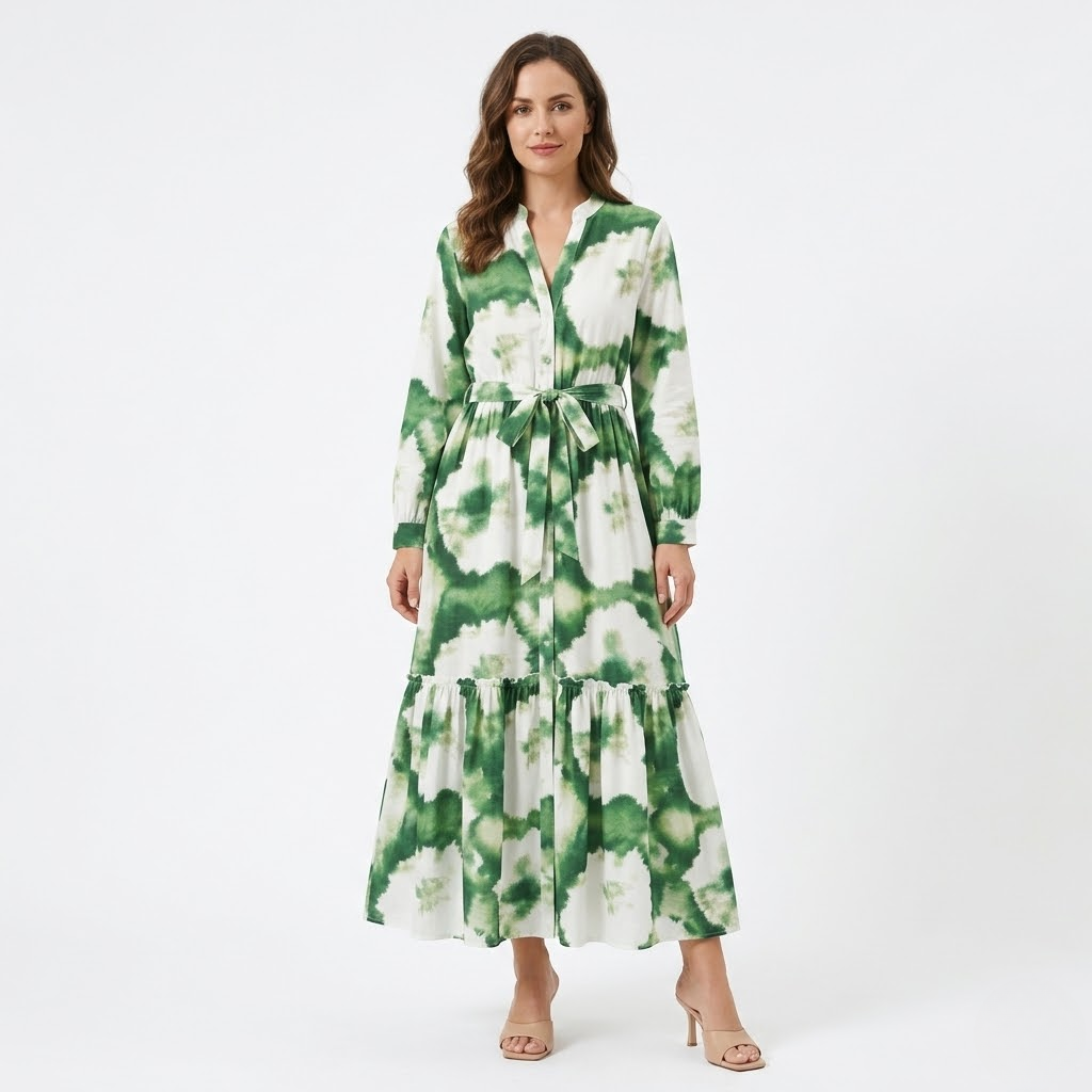 Hosszú, virágmintás, légies ruha V-nyakkal és hosszú, fodros ujjakkal