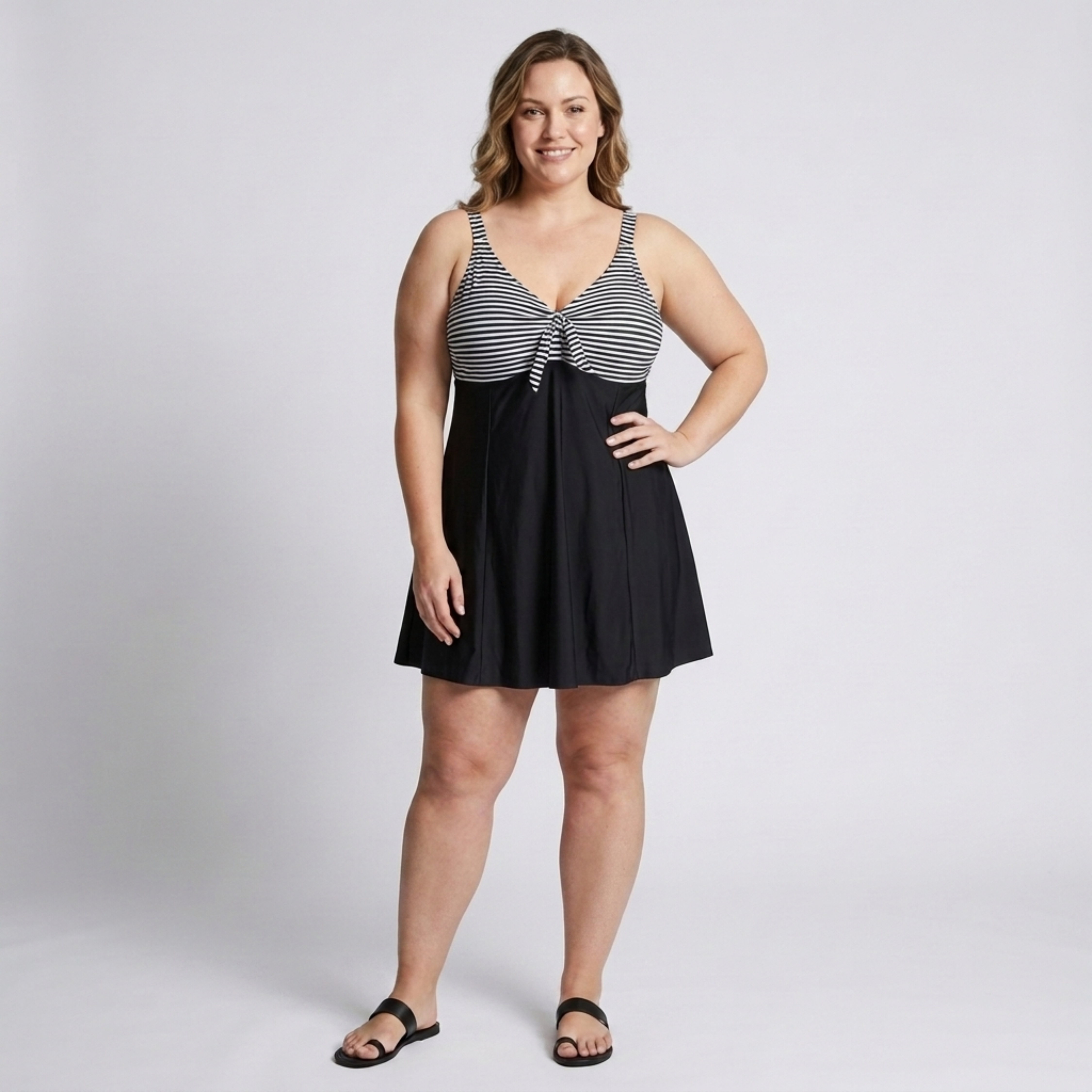 Costum de baie tankini mărime mare pentru femei cu top ajustat în dungi