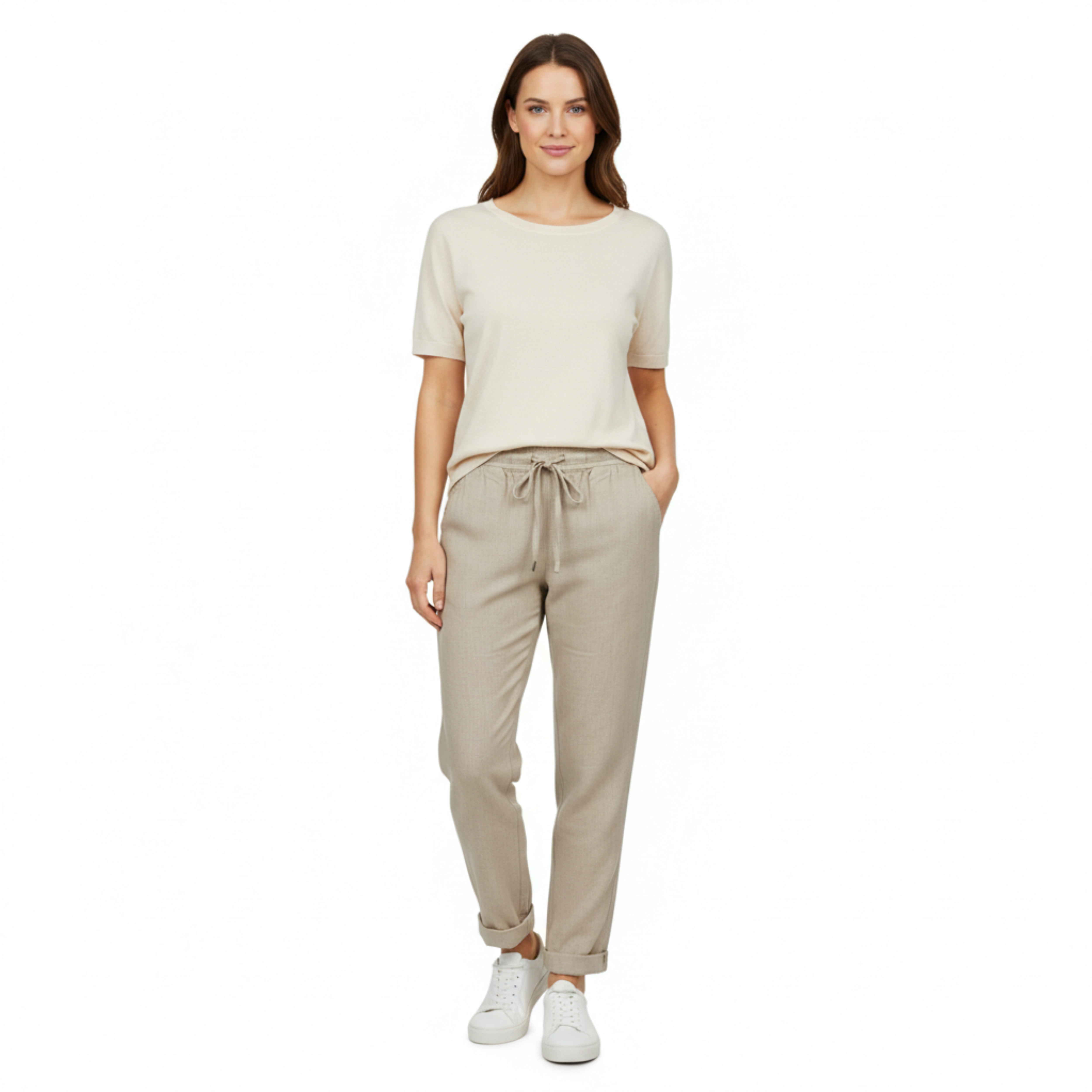 Pantaloni da donna in misto cotone con vita elastica e taglio a matita aderente