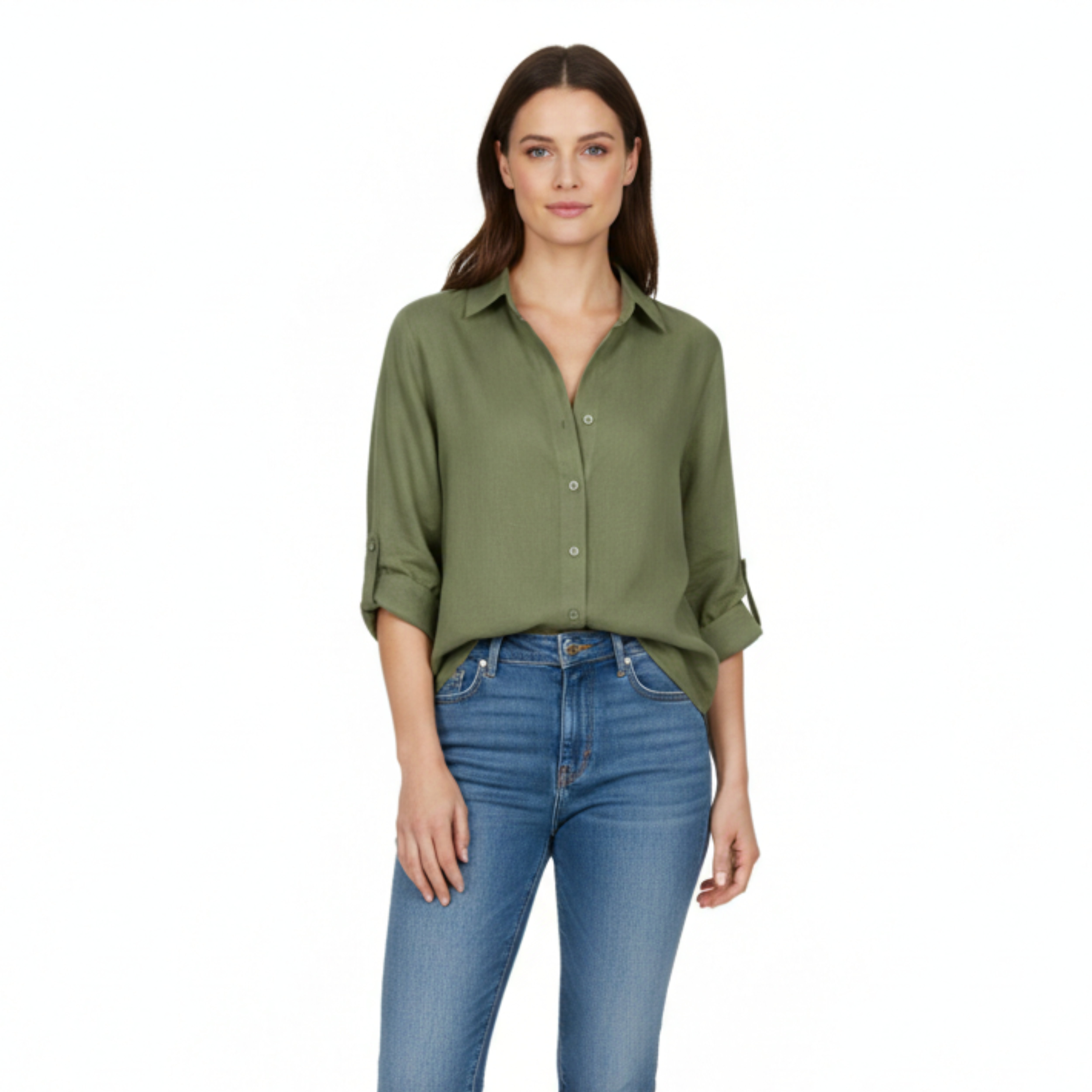 Camicia ampia casual da donna con bottoni, maniche a tre quarti e scollo a V