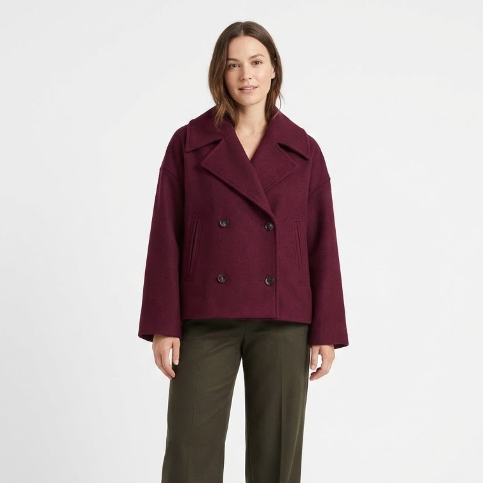 Caban court en laine pour femme à double boutonnage et col à revers décontracté