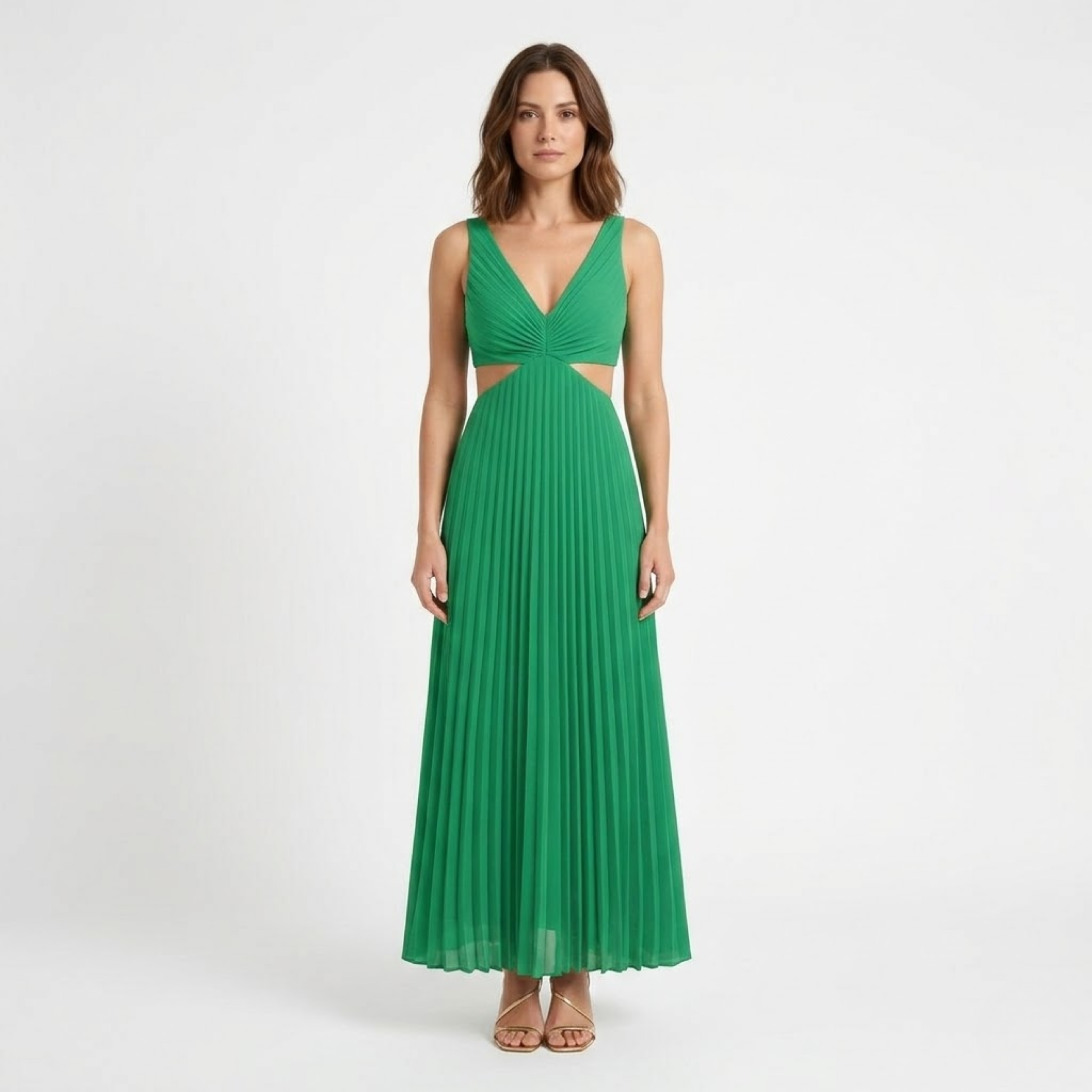 Hosszú pliszírozott ruha V-nyakú, oldalsó kivágásokkal és nyitott háttal