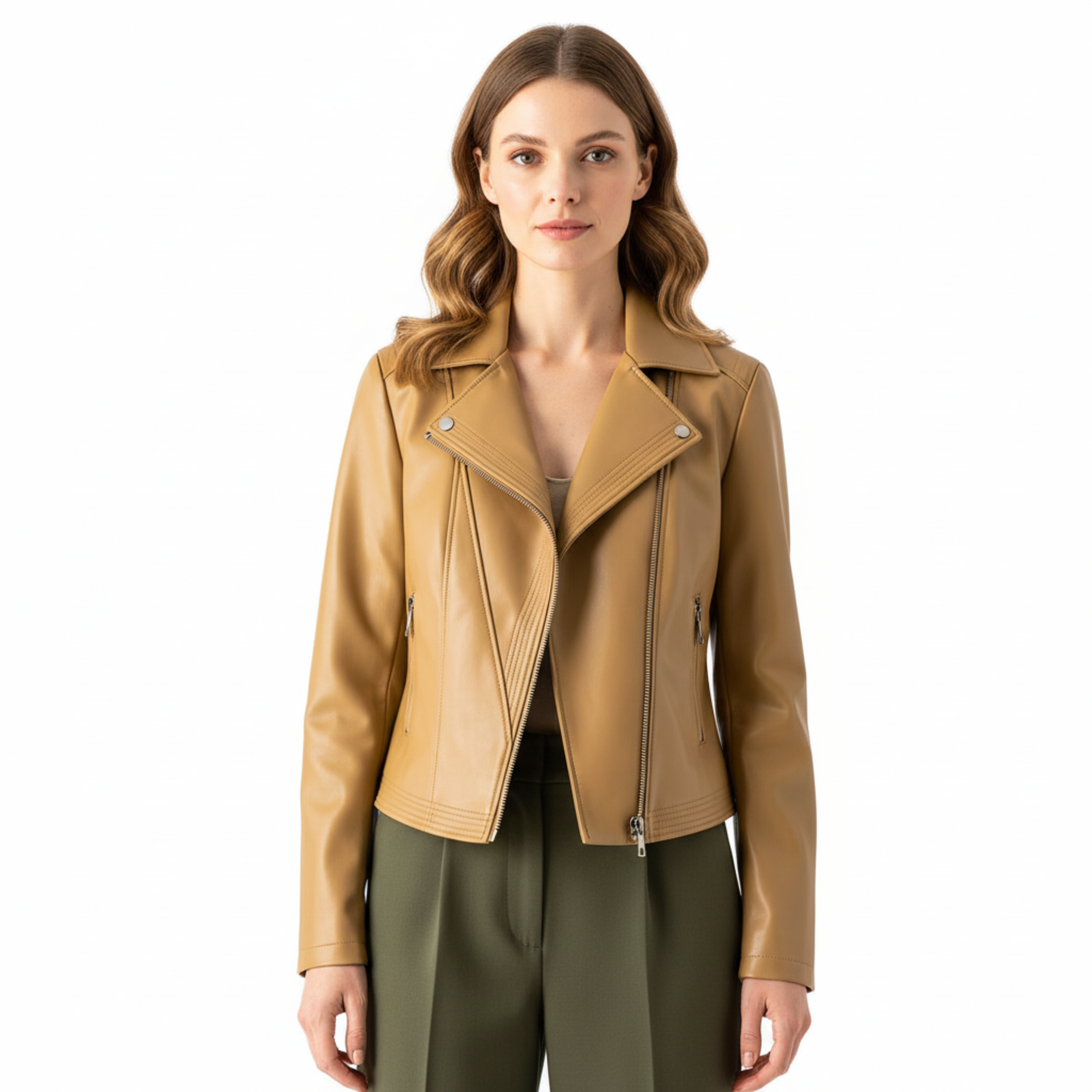 Veste en Similicuir pour Femme avec Fermeture Éclair Asymétrique et Large Revers