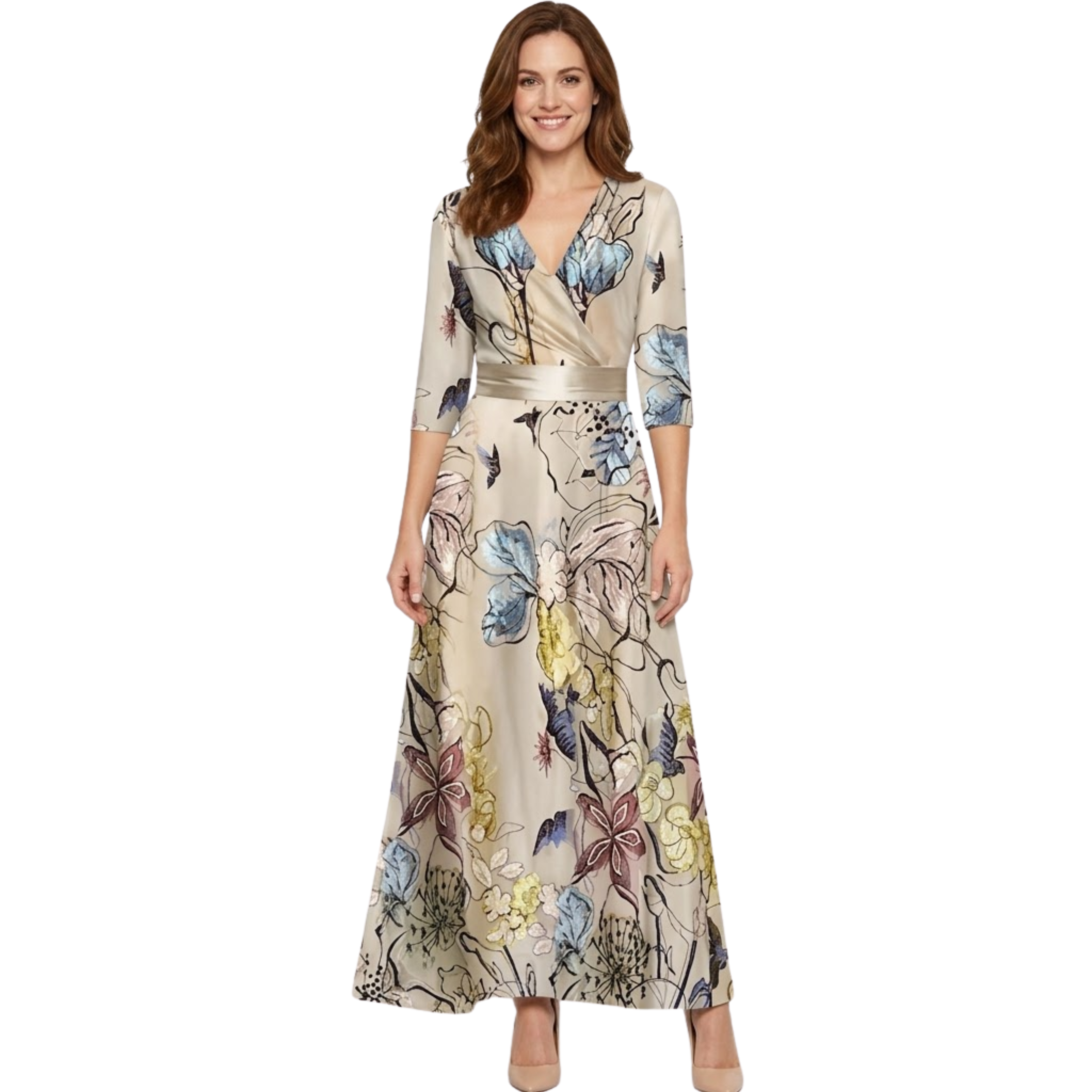 Robe Longue Fleurie à Col en V avec Manches Longues et Coupe Fluide