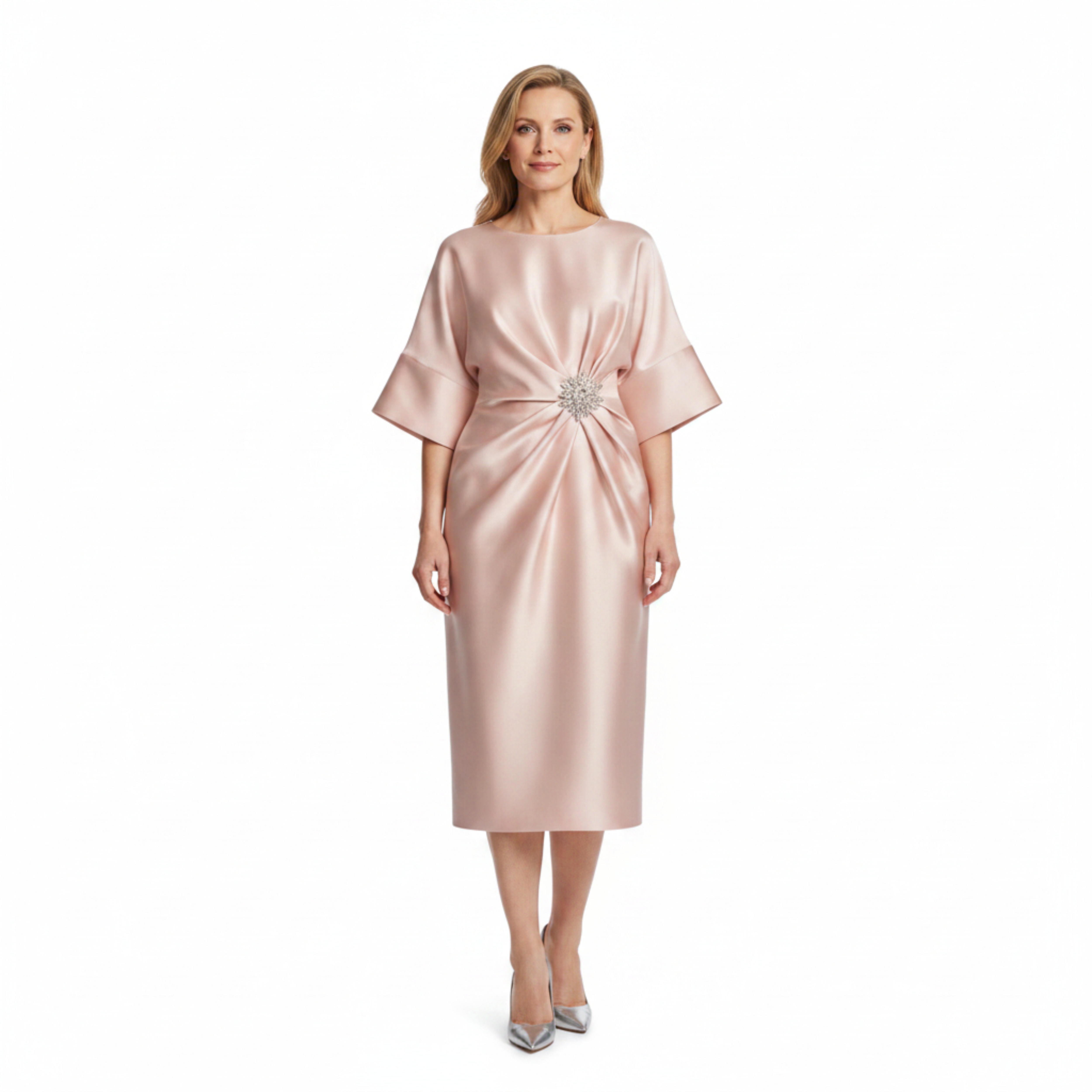 Vestido de Noche Midi Satinado para Invitada de Boda con Mangas Murciélago