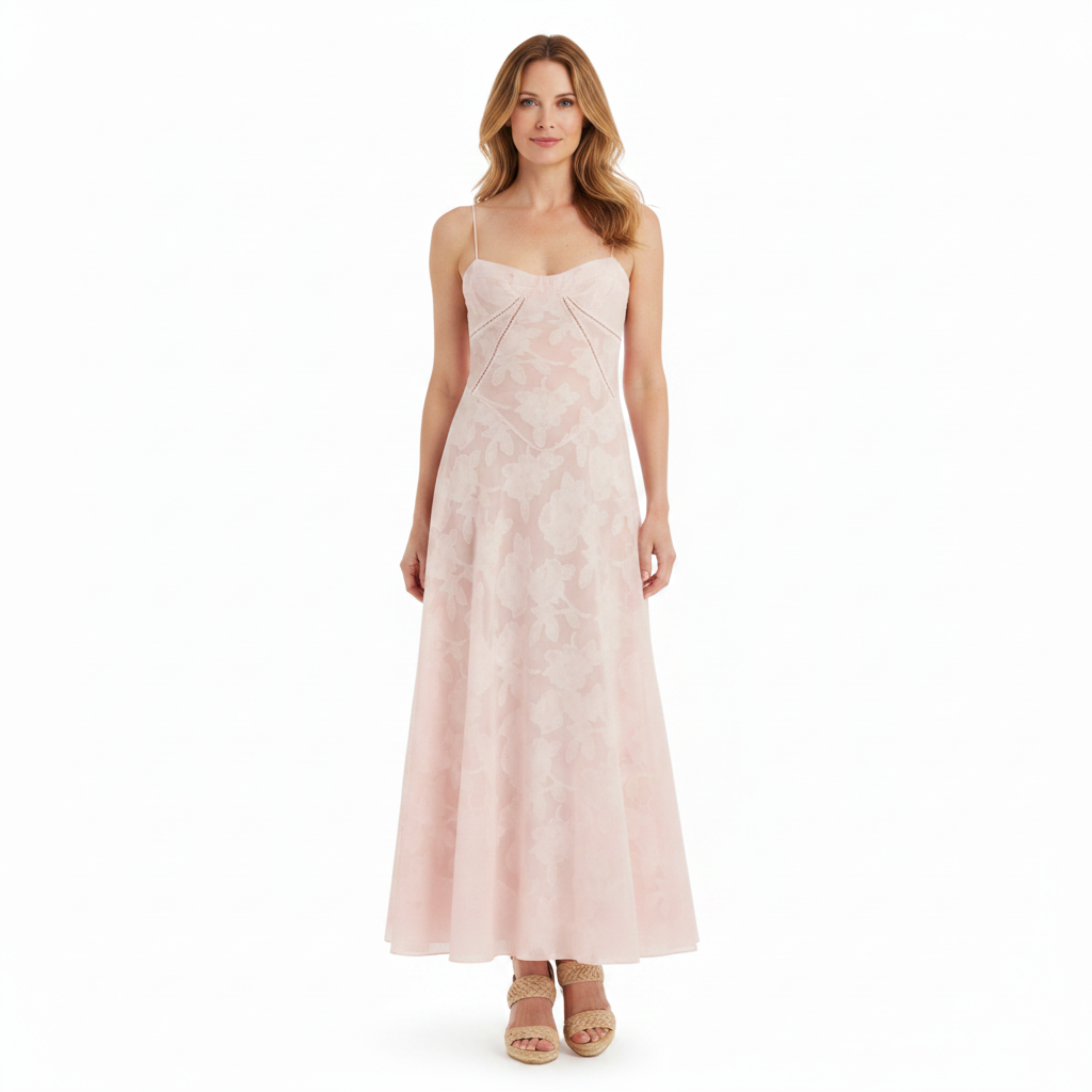 Vestido de noche largo con corsé, bordados florales y corte evasé para mujer