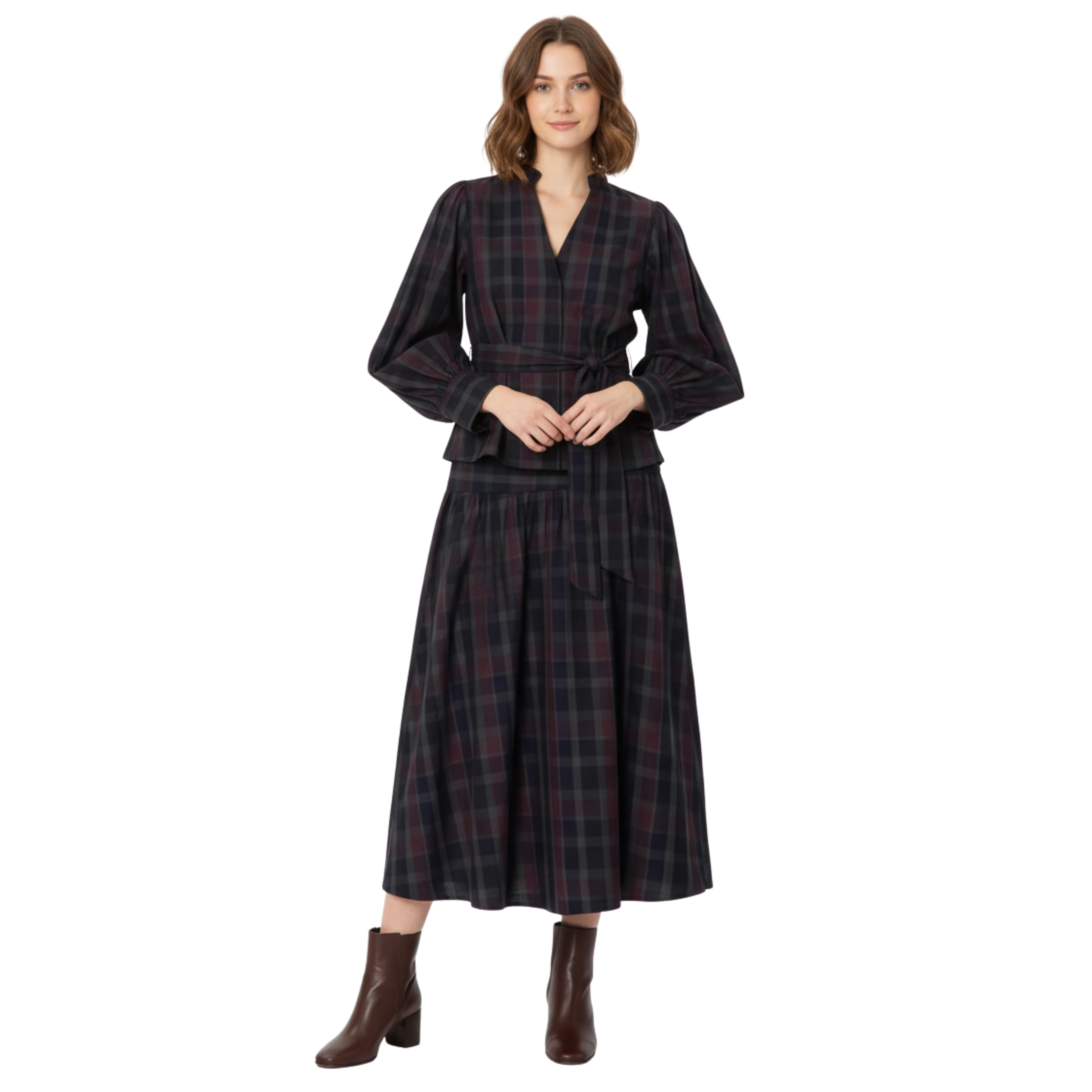 Női kockás két részes szett, lámpás ujjú blézerrel és trapéz szoknyával