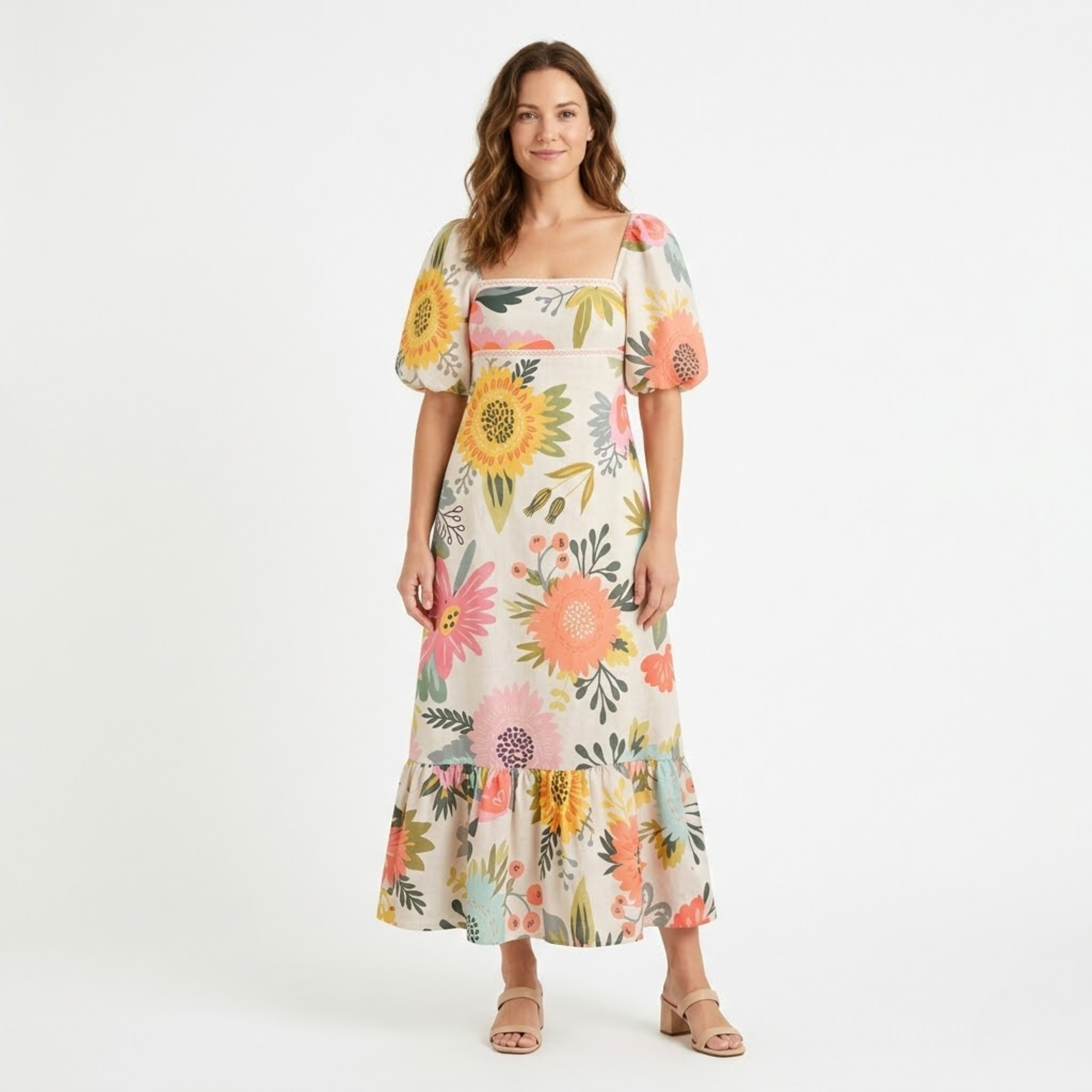 Női hosszú ruha virágmintával, négyzet alakú nyakkivágással és fodros ujjakkal