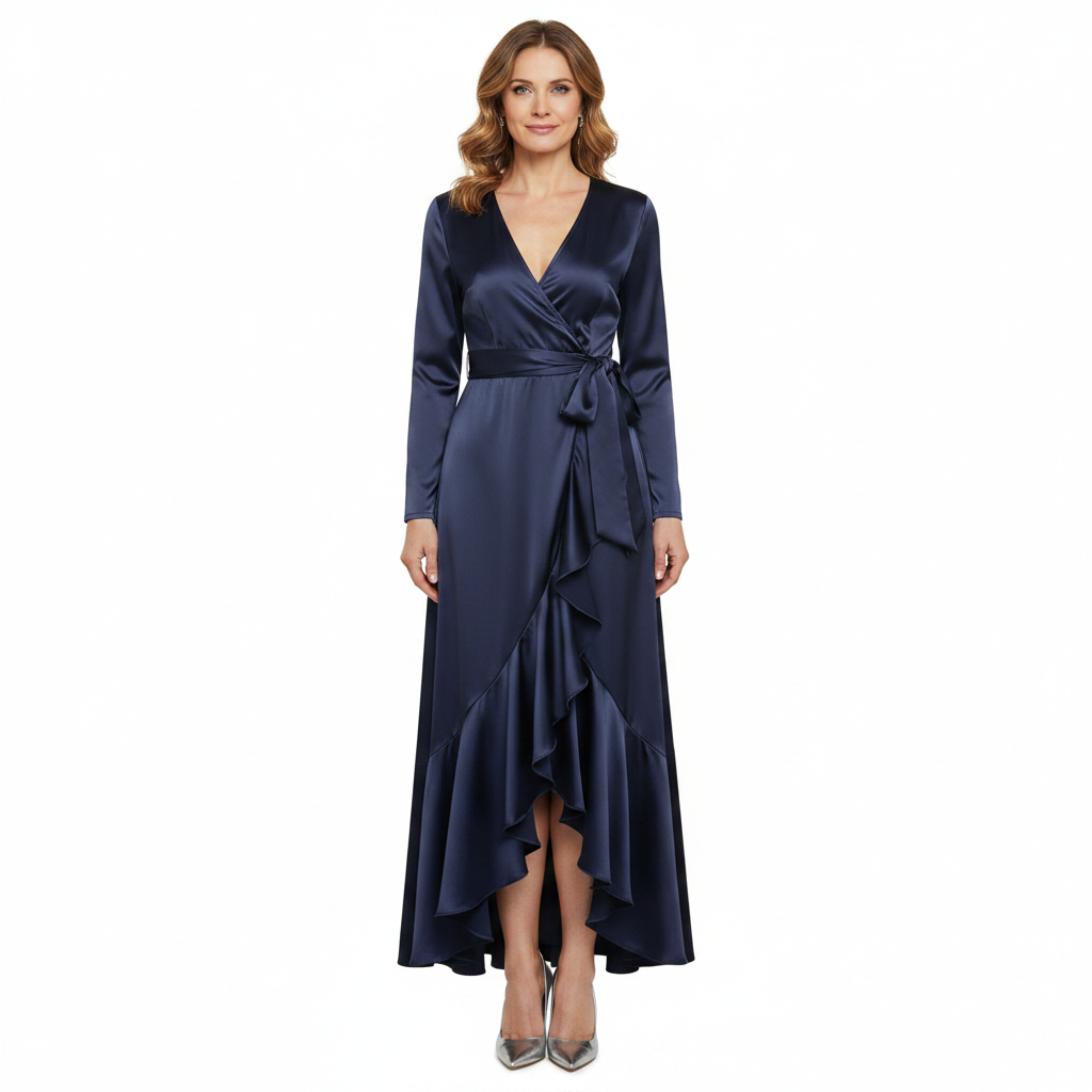 Long Satin Cocktail Dress with Wrap Design and Cascade Skirt