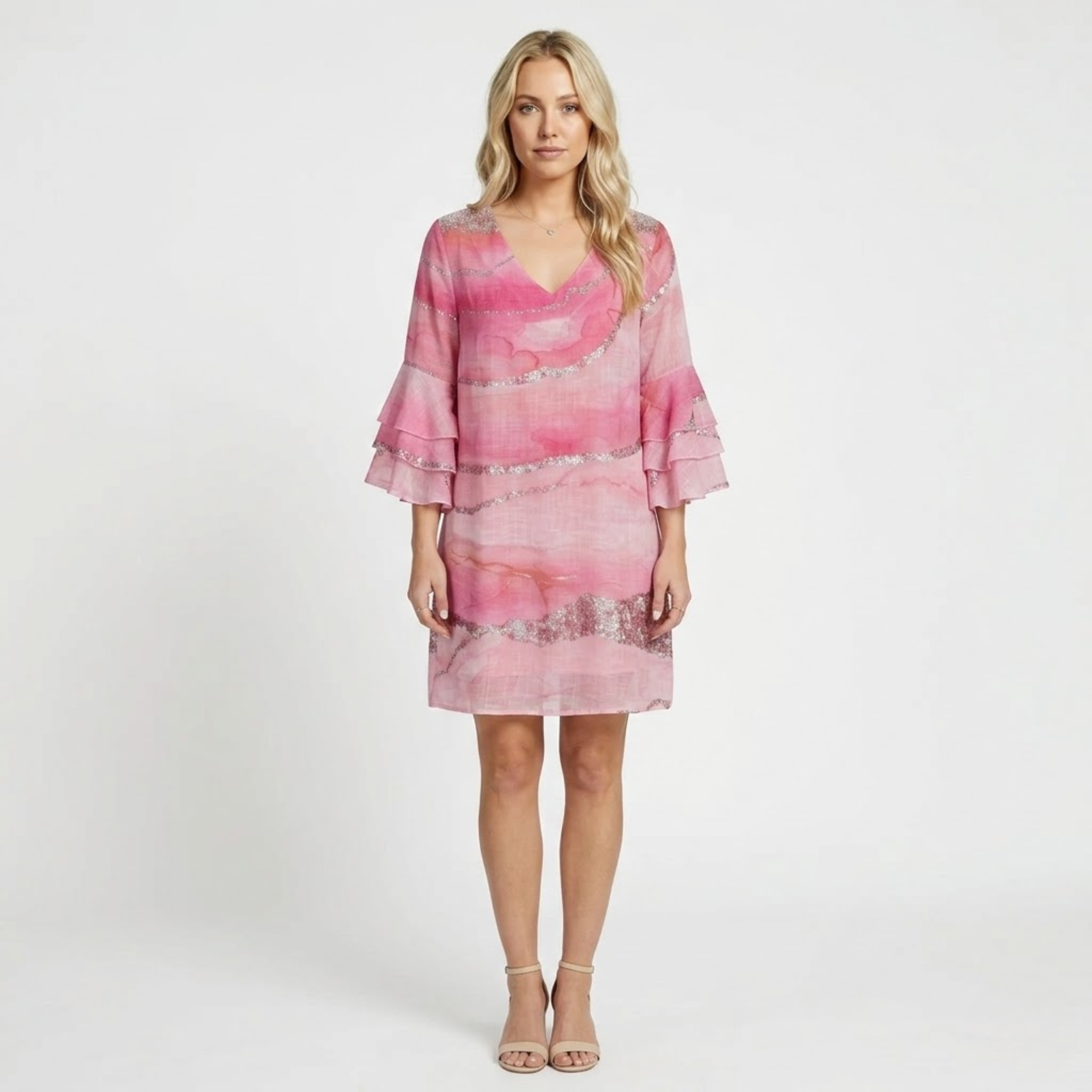 Robe Courte Trapèze à Imprimé Abstrait avec Manches Flare et Col en V pour Femme