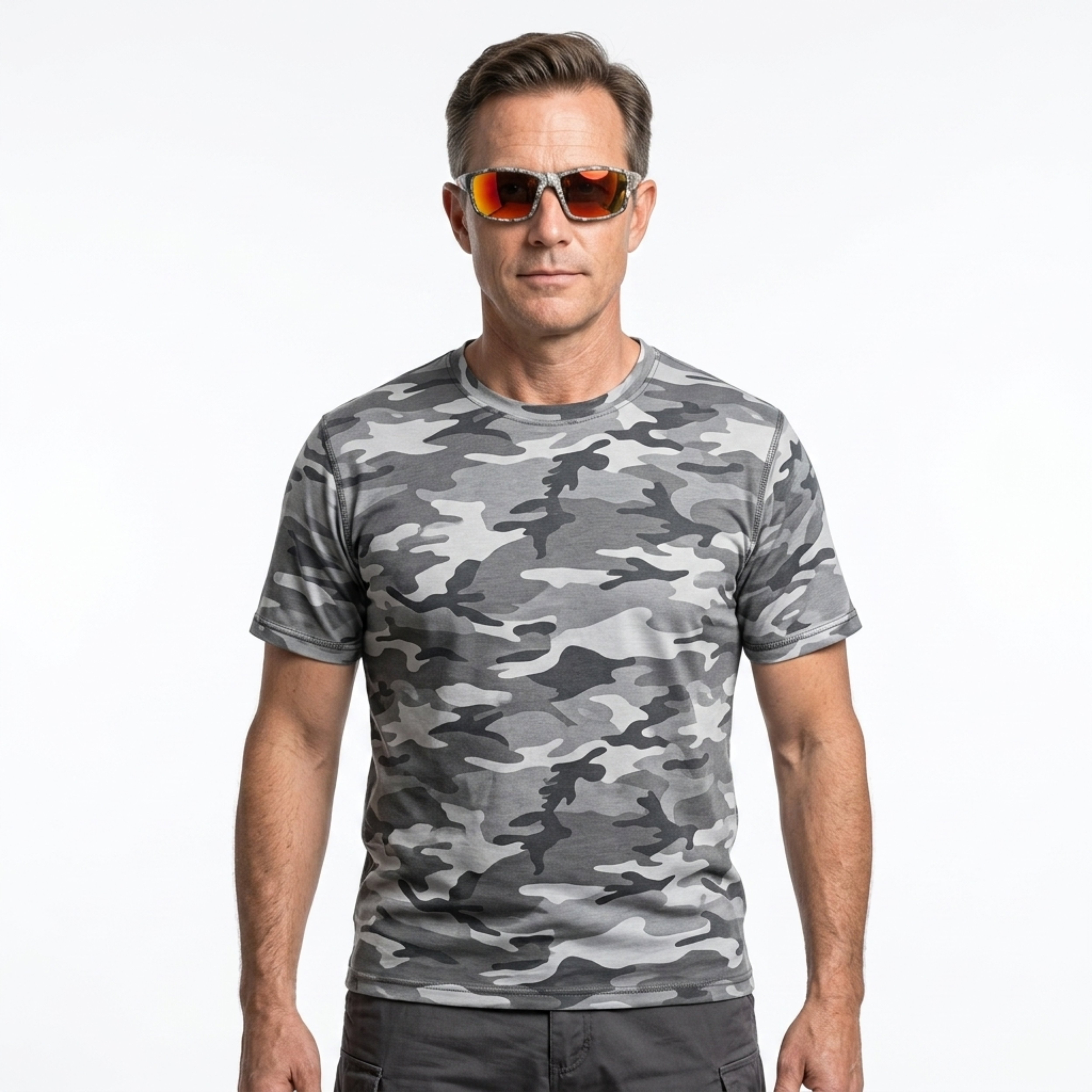 Sport sunglasses — polarized lenses and camouflage frame