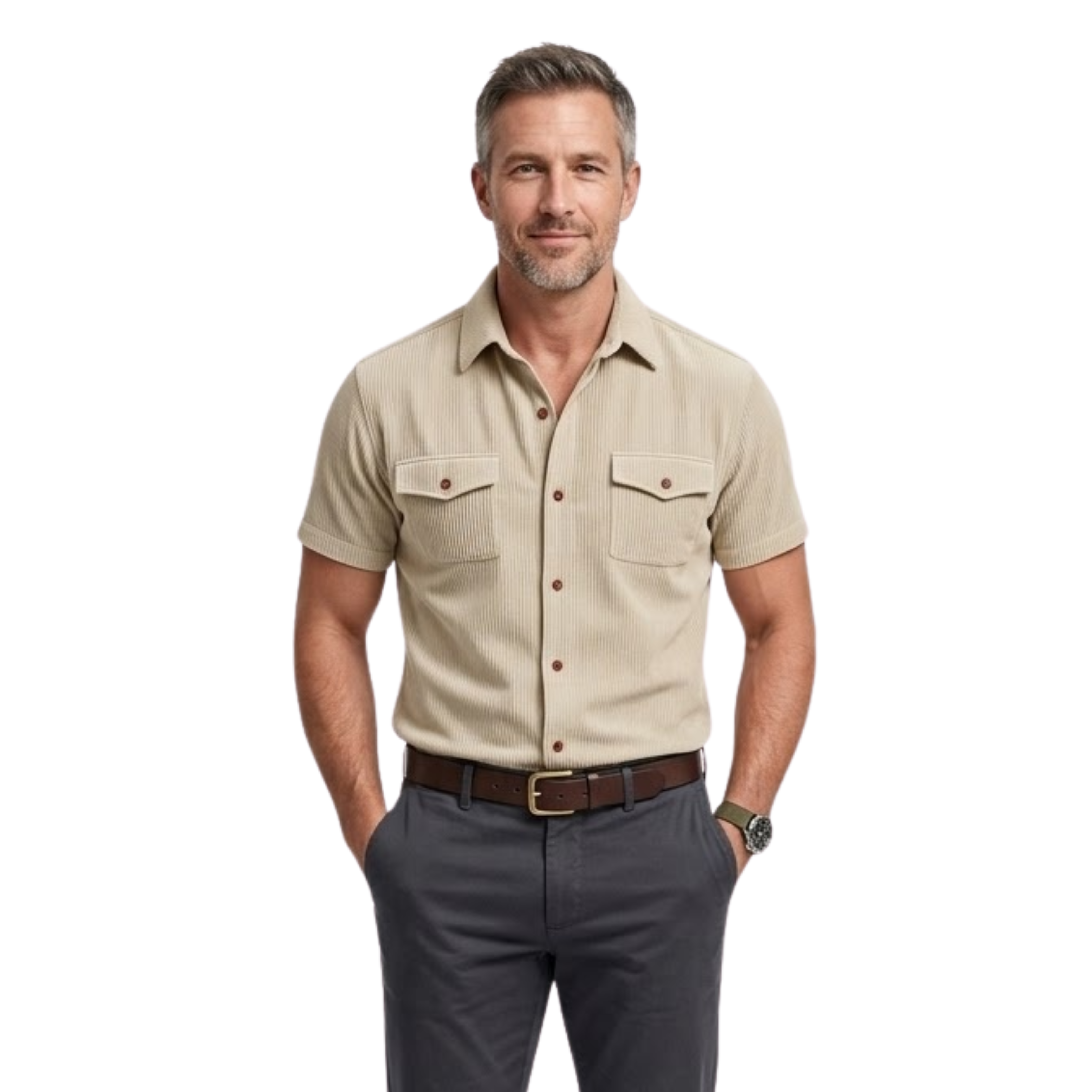 Camicia cargo da uomo in velluto a coste a maniche corte con tasche sul petto