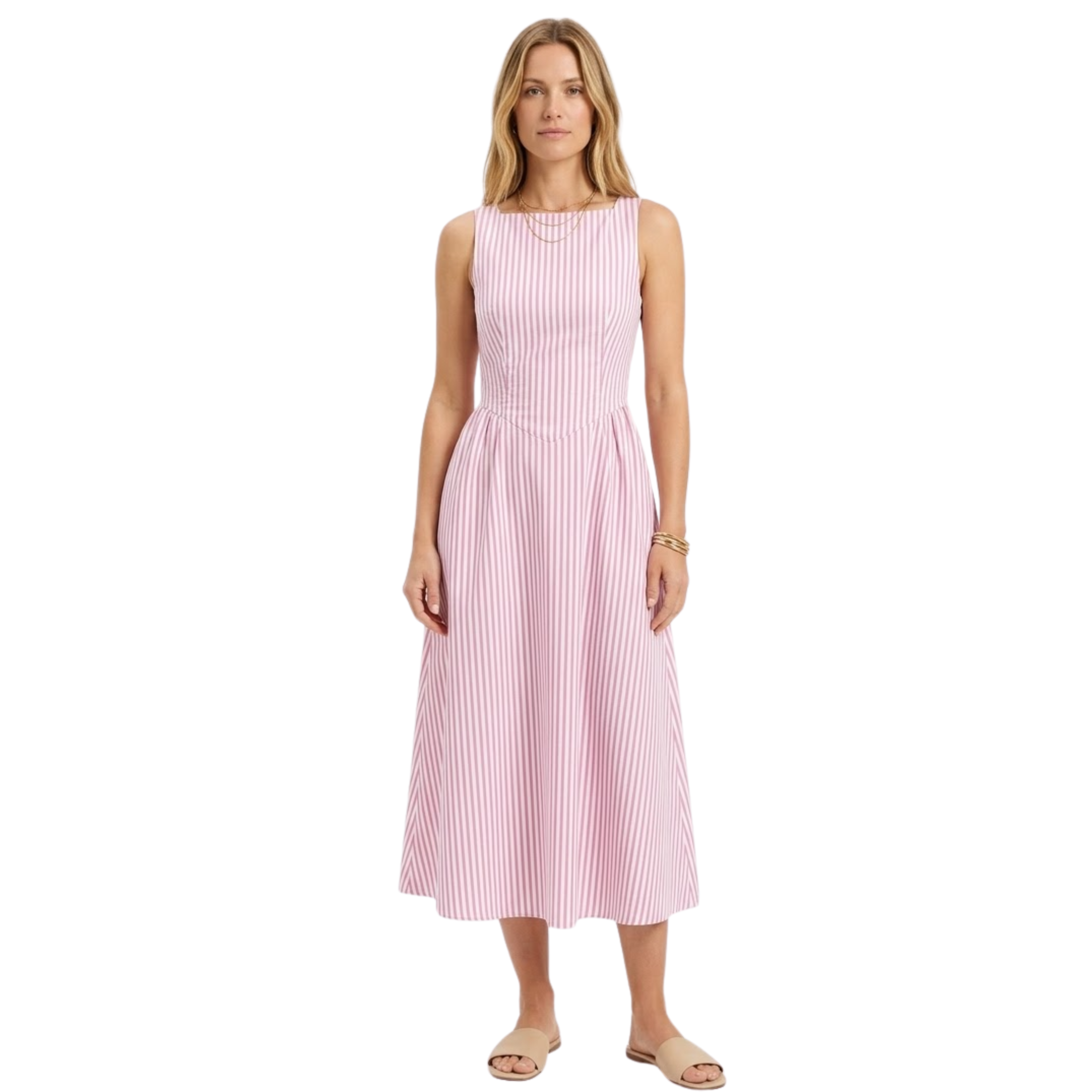 Női ujjatlan hosszú ruha függőleges csíkokkal és magas nyakkal