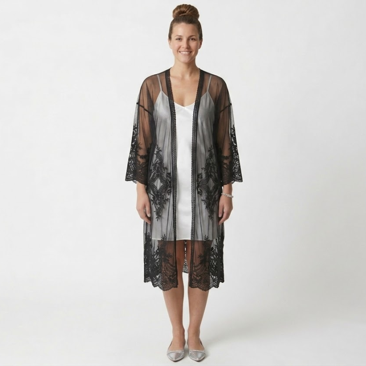 Kimono de encaje para mujer, cubrebaño abierto y transparente