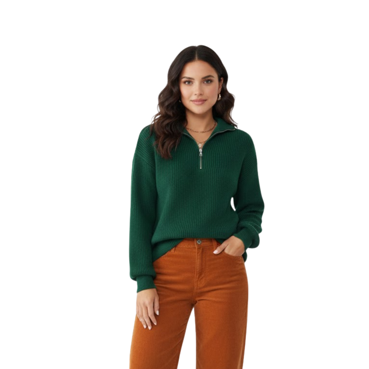 Elegant women's sweater with high collar and half zipper, soft knit, casual