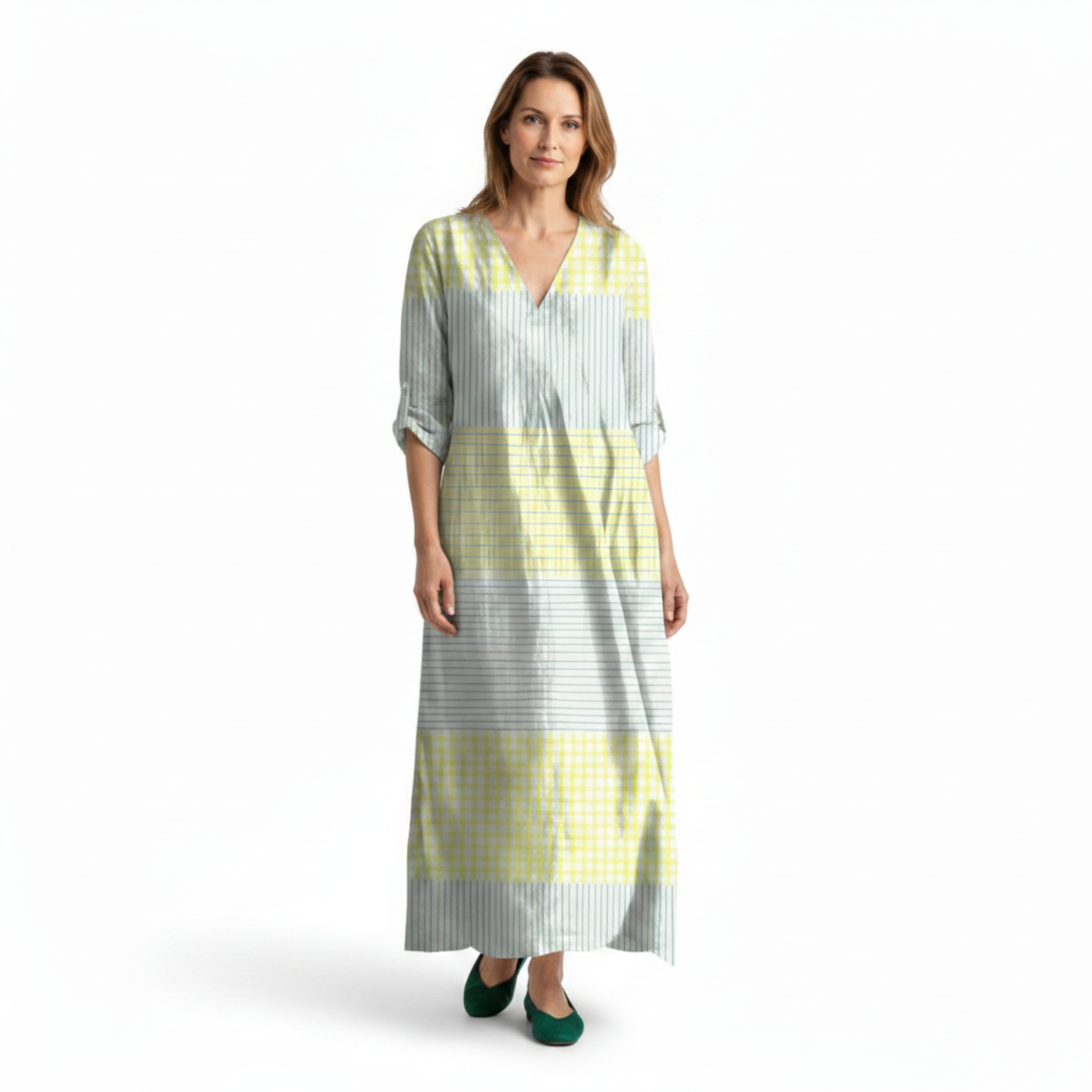 Abito lungo in lino da donna con scollo a V e stampa astratta vintage