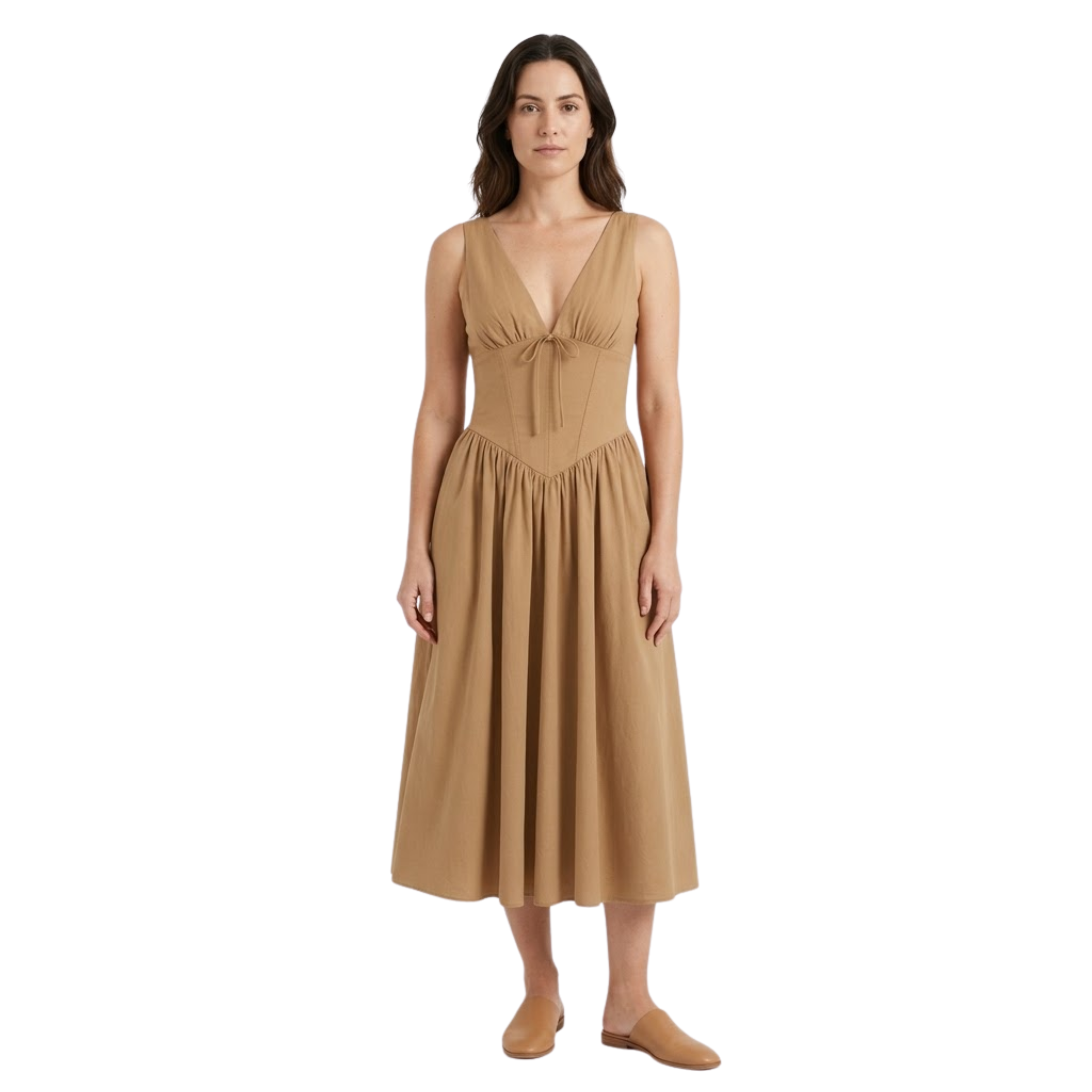 Robe mi-longue évasée à décolleté en V et taille cintrée