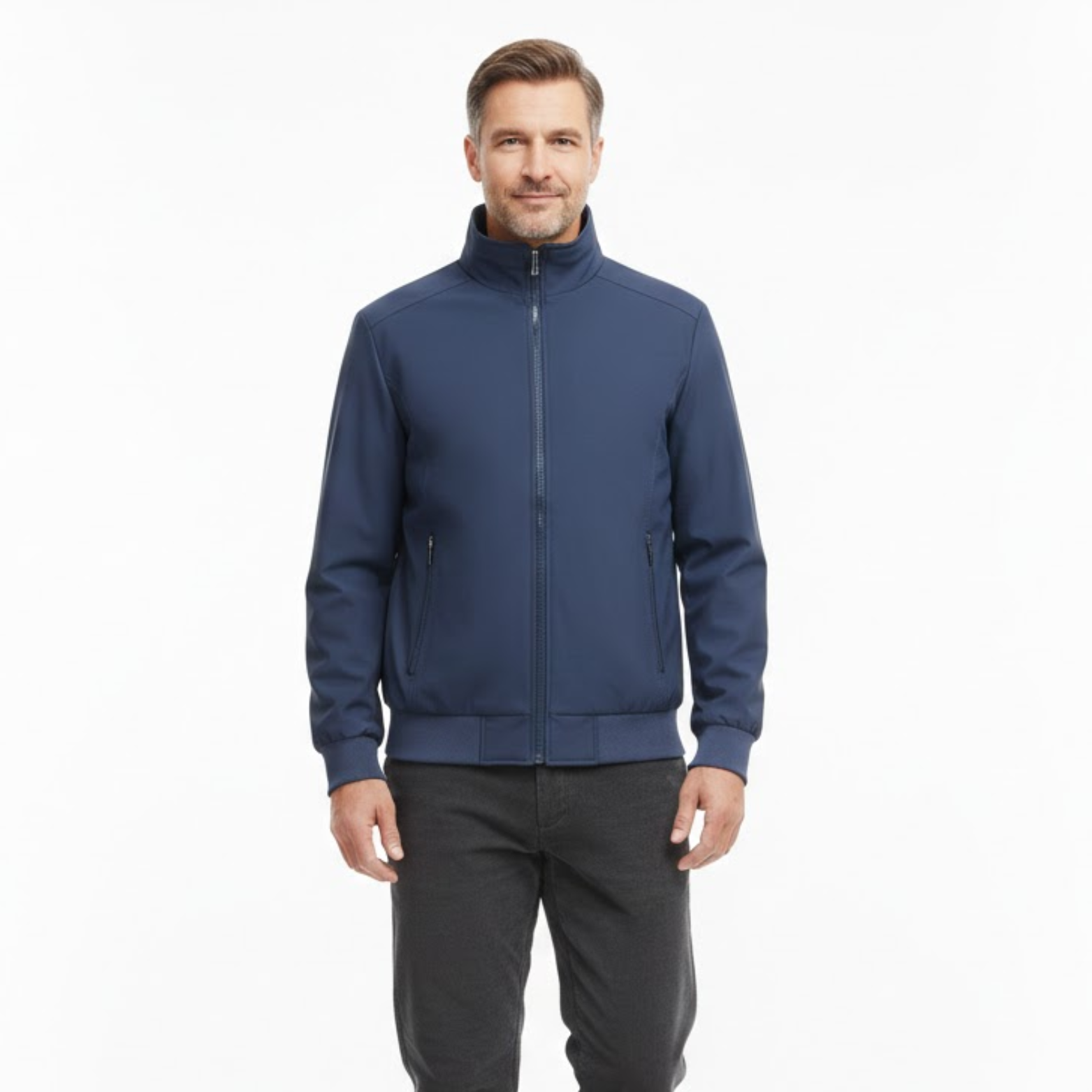 Könnyű férfi bombázó dzseki álló gallérral és cipzárral, testhez simuló szabásban