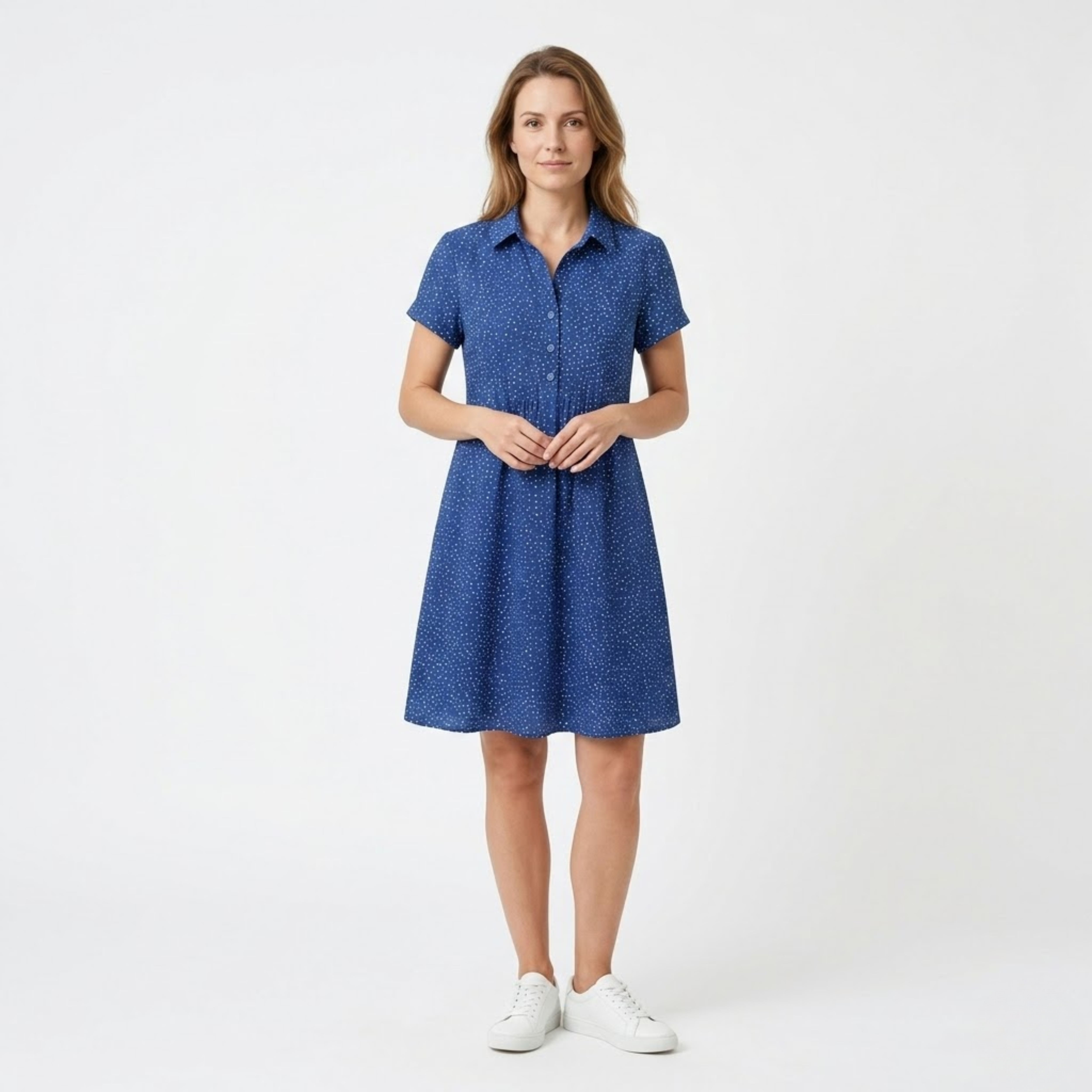 Női középhosszú nyári ruha kerek nyakkal és rövid ujjakkal, poliészterből, mintás kivitelben