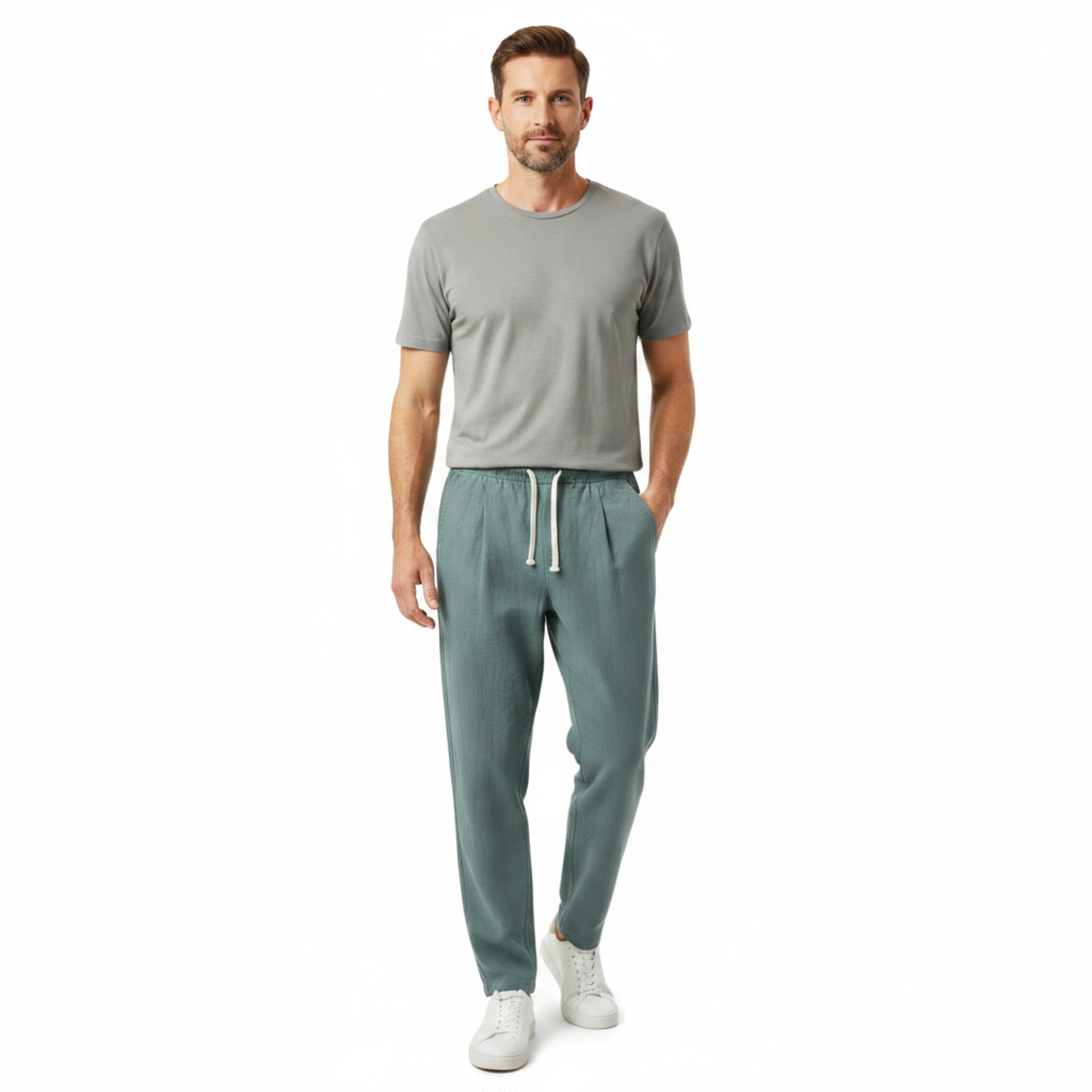 Men's Linen Capri Pants Relaxed Tapered Fit with Elastic Waistband