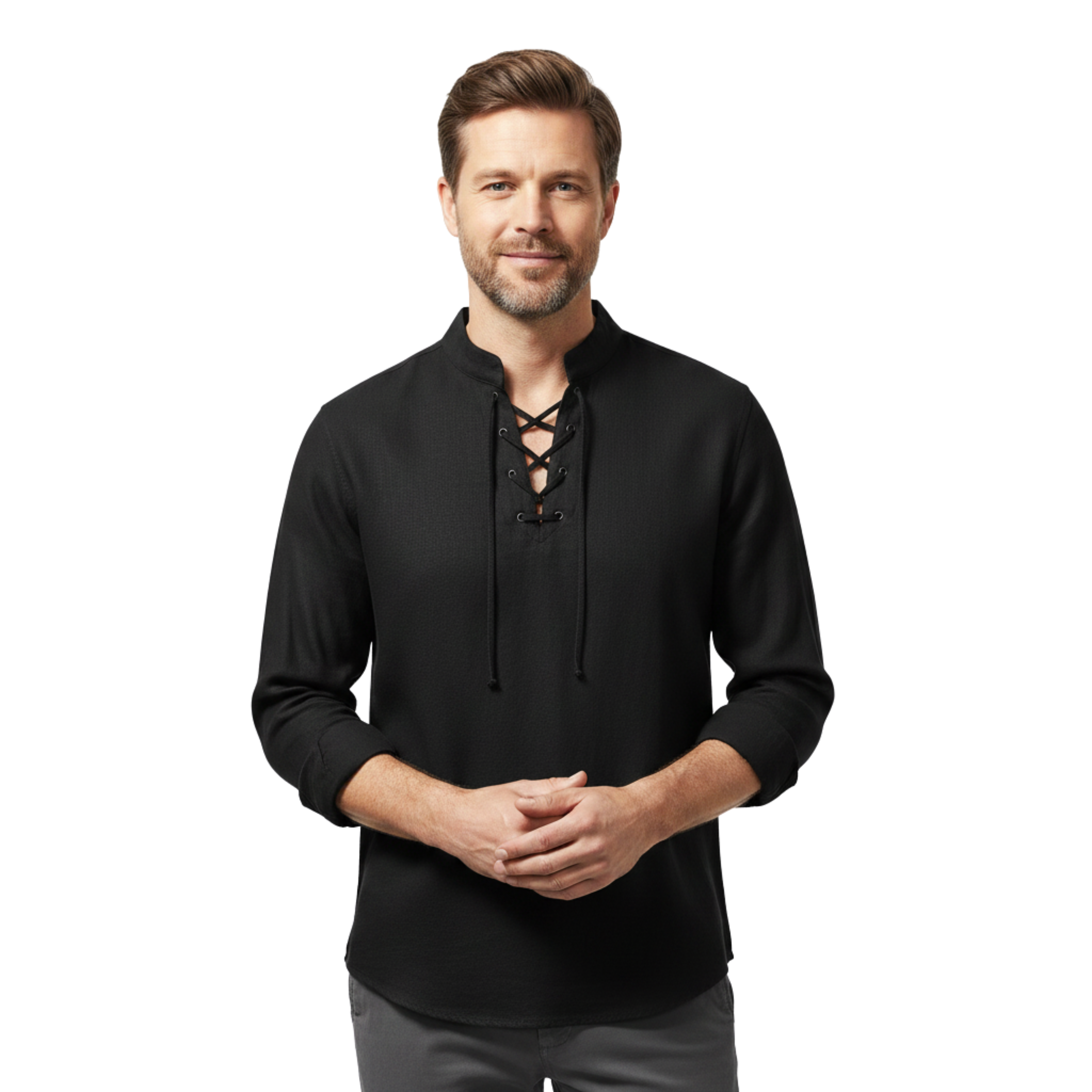 Camisa de lino para hombre con cierre de cordones y mangas largas corte ajustado