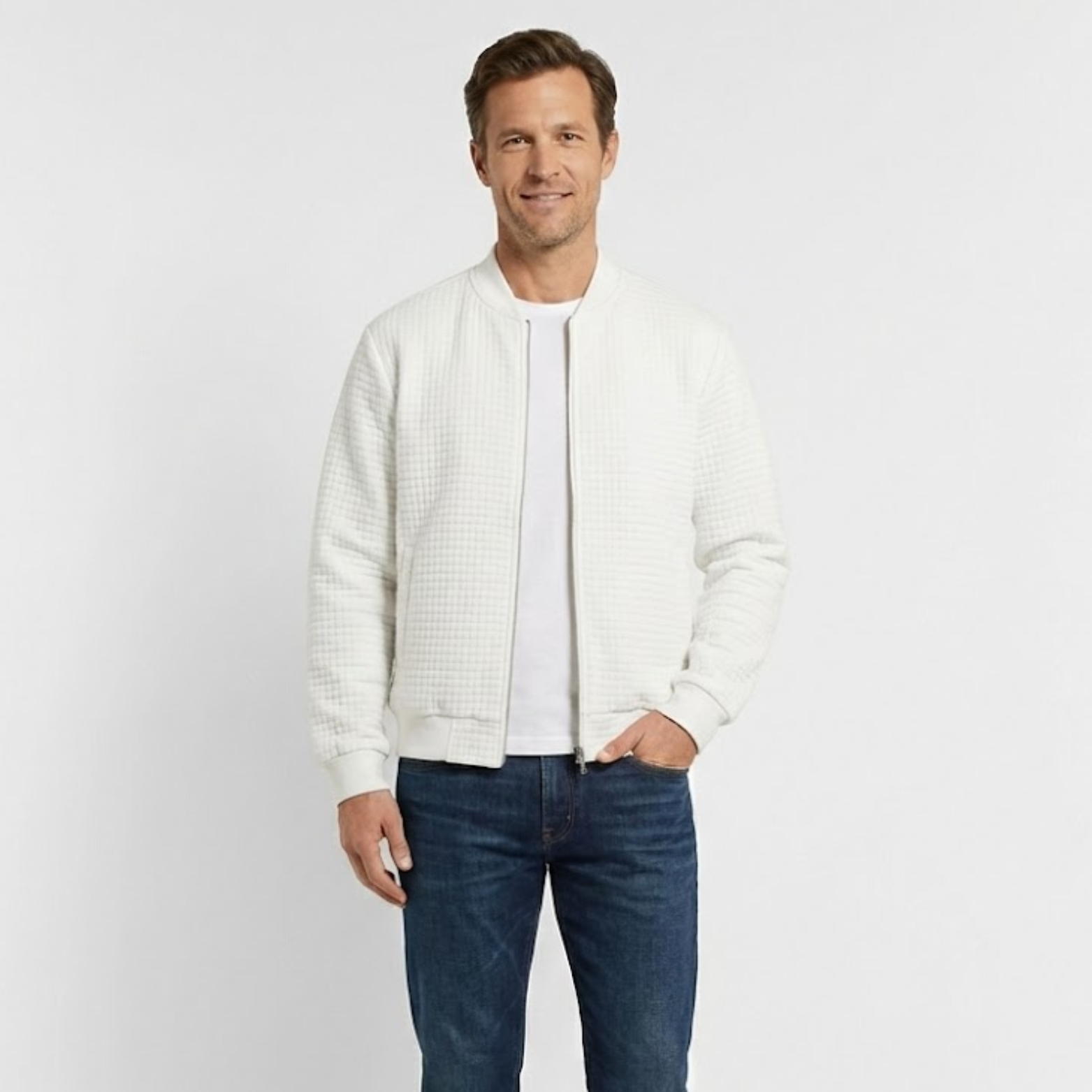 Férfi kockás mintás kabát cipzárral és álló gallérral, laza szabású