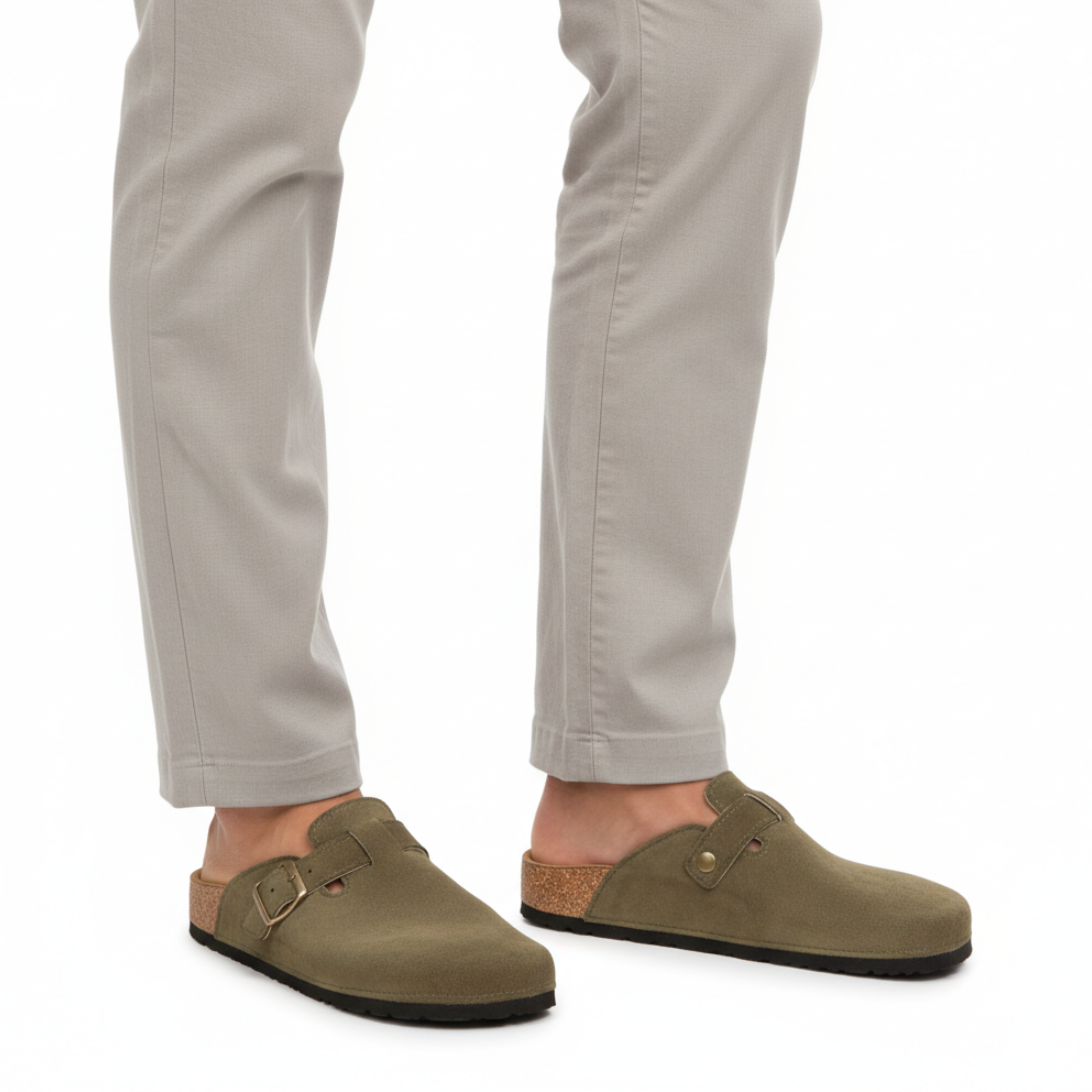 Men's PU leather mules with adjustable buckle strap and flat EVA sole