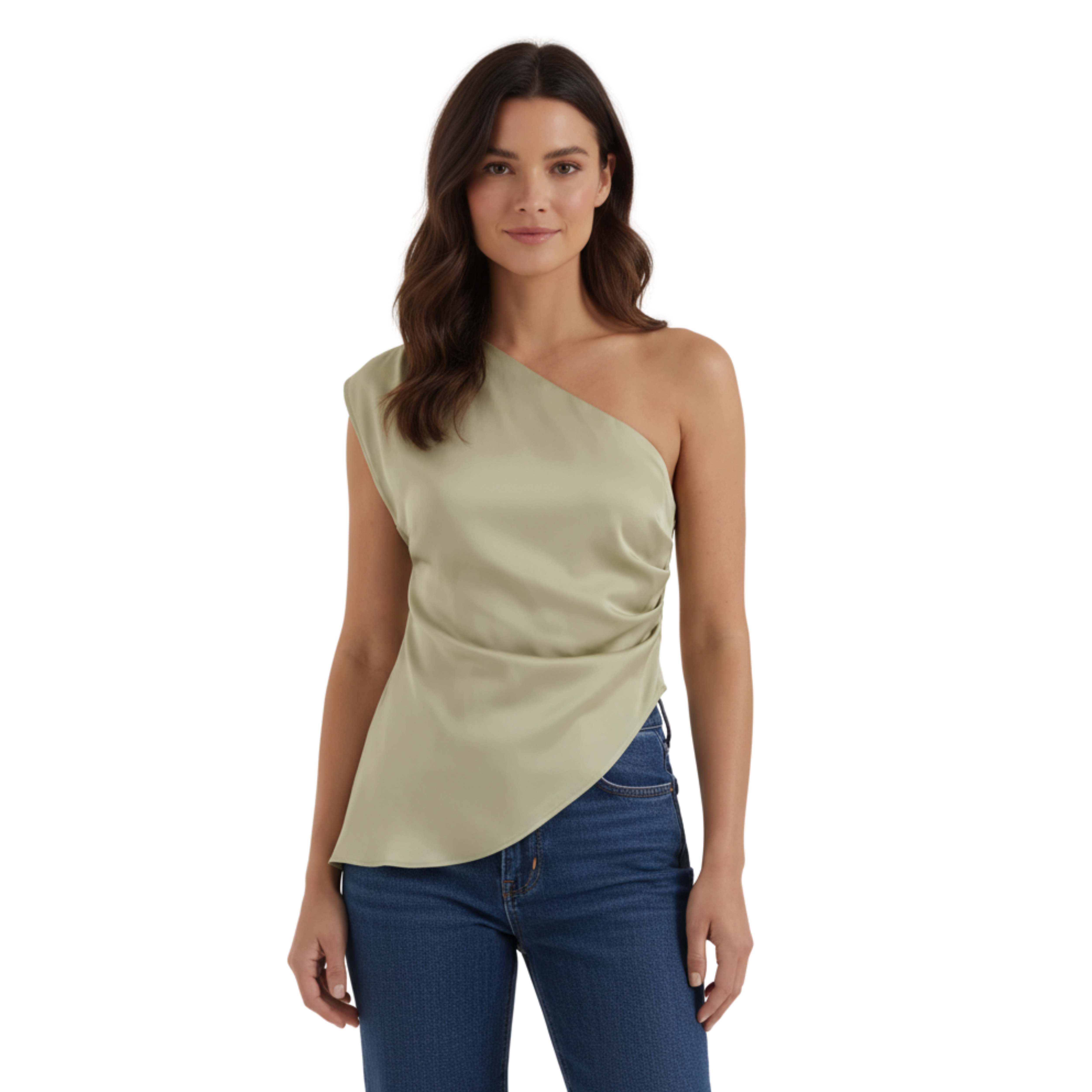 Aszimmetrikus egyrészes női felső fodrokkal és szoborszerű szegéllyel