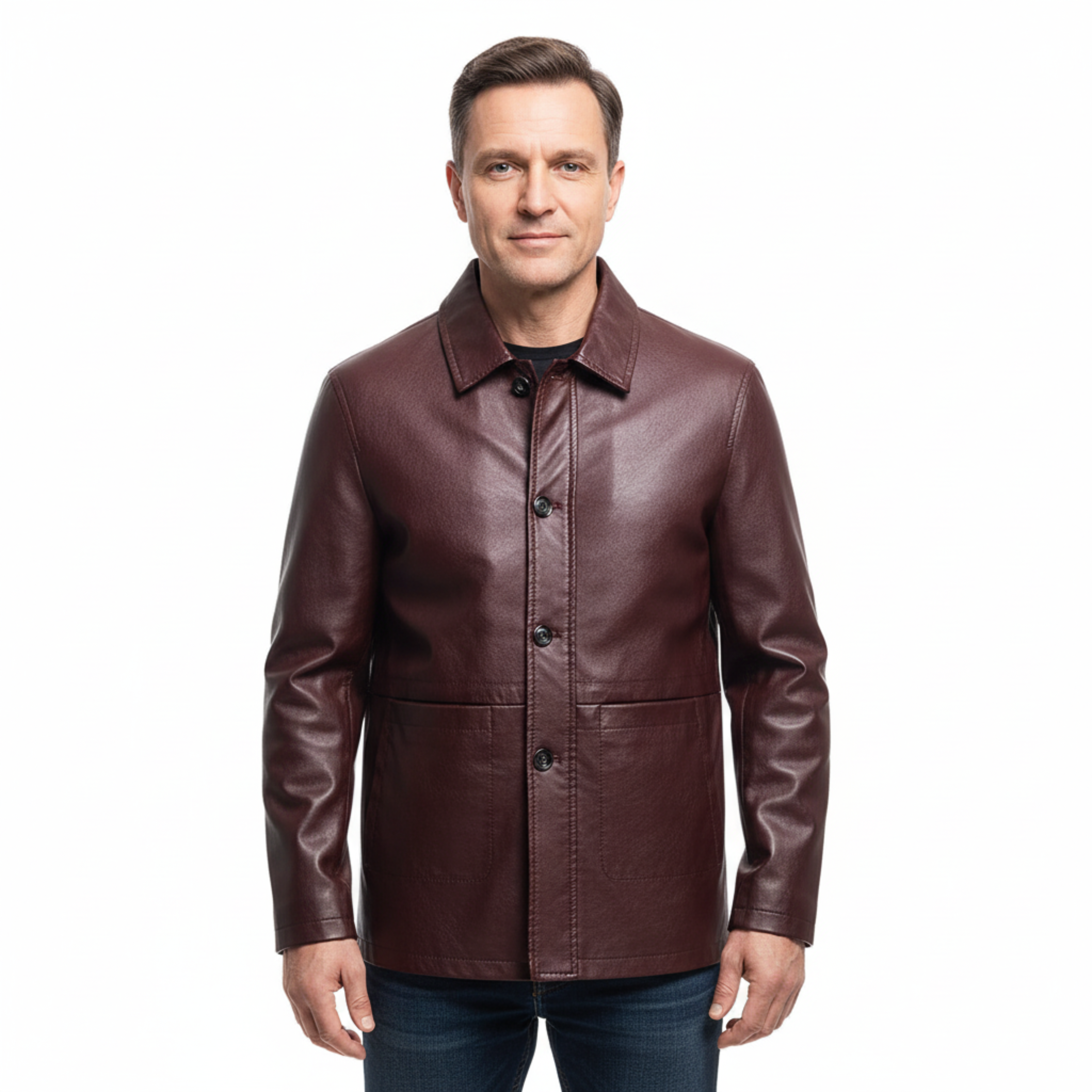 Giacca in Eco-Pelle da Uomo con Collo a Camicia e Chiusura Frontale