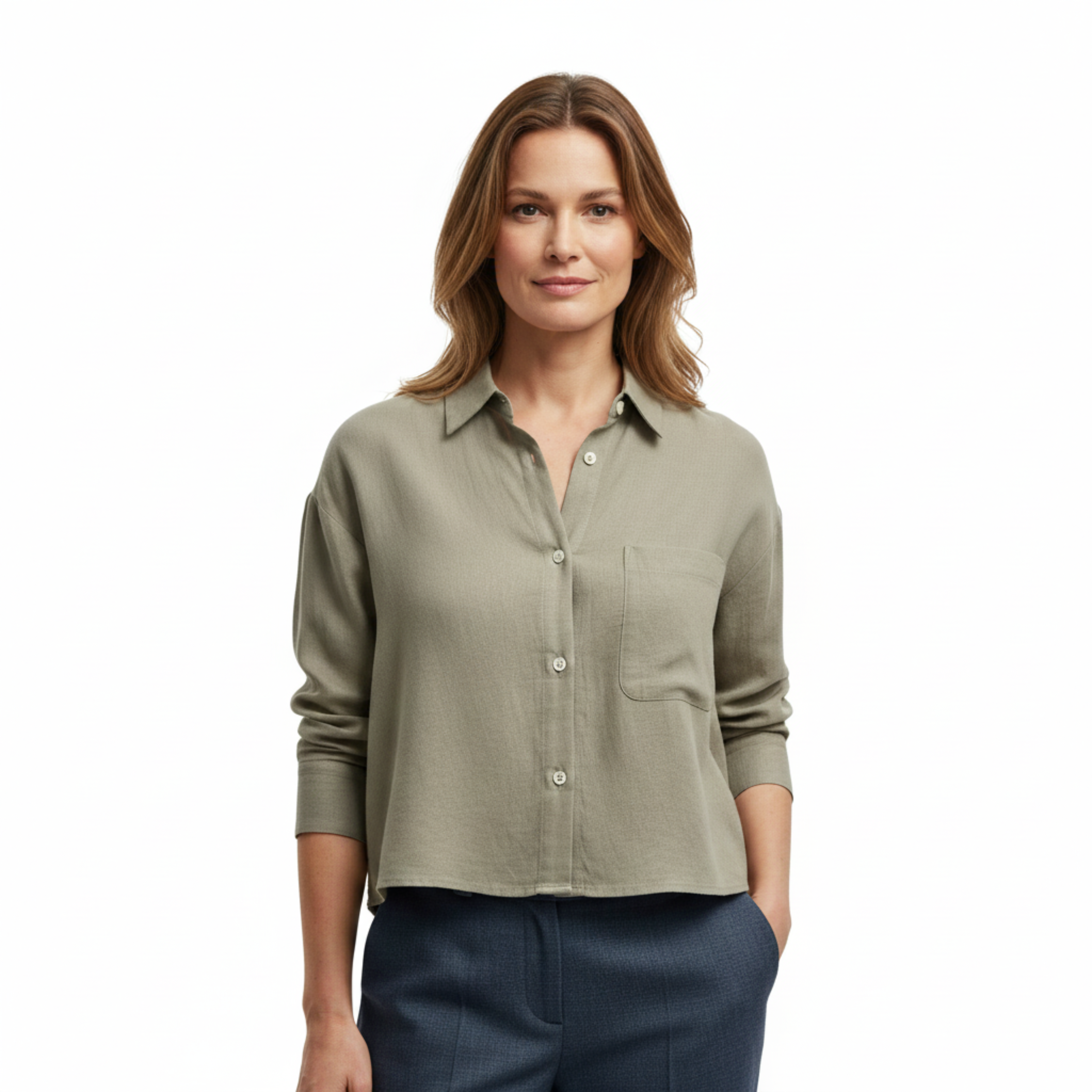 Sobrecamisa corta de lino para mujer, corte amplio con cuello en V profundo