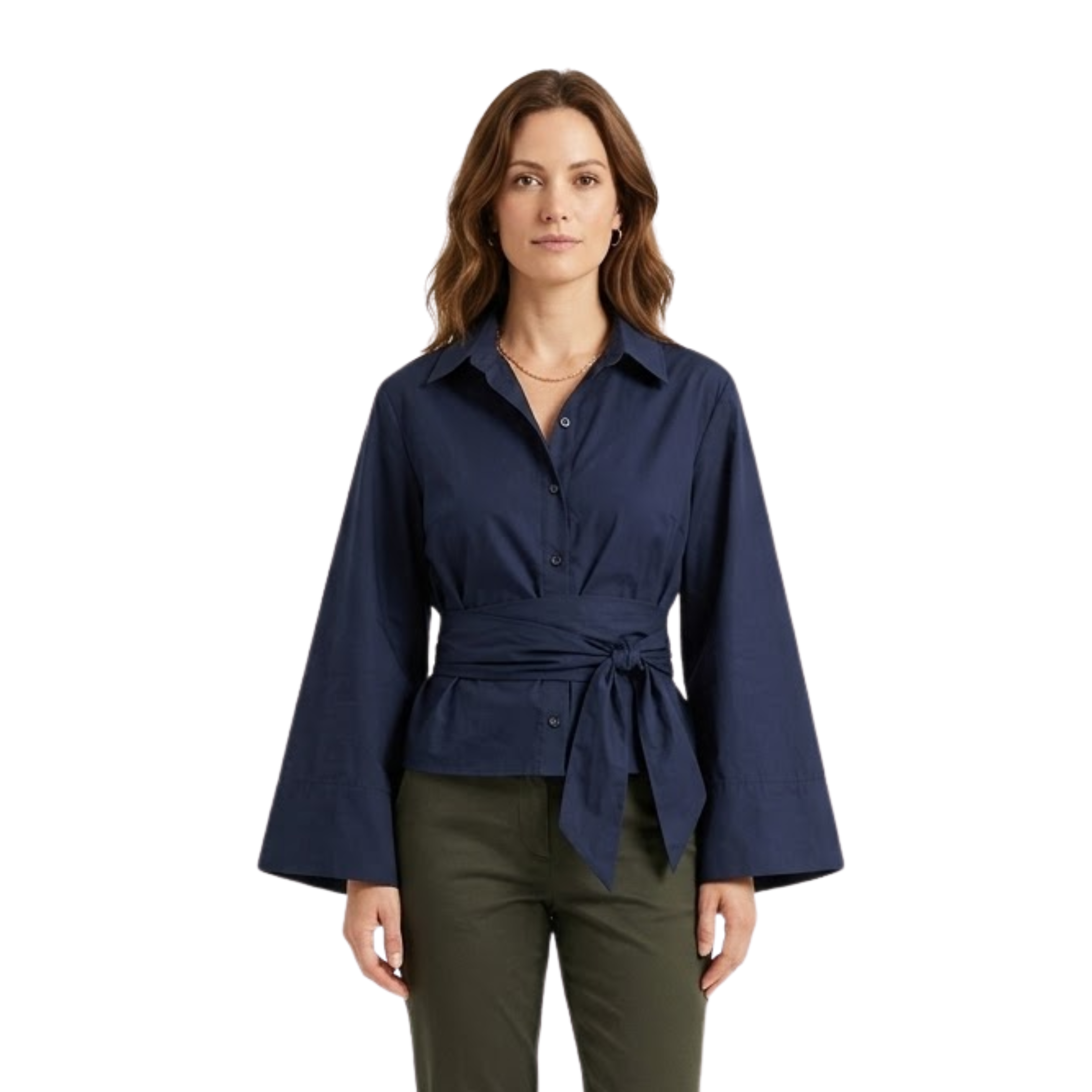 Pamut felső megkötős övvel és bő ujjakkal nőknek