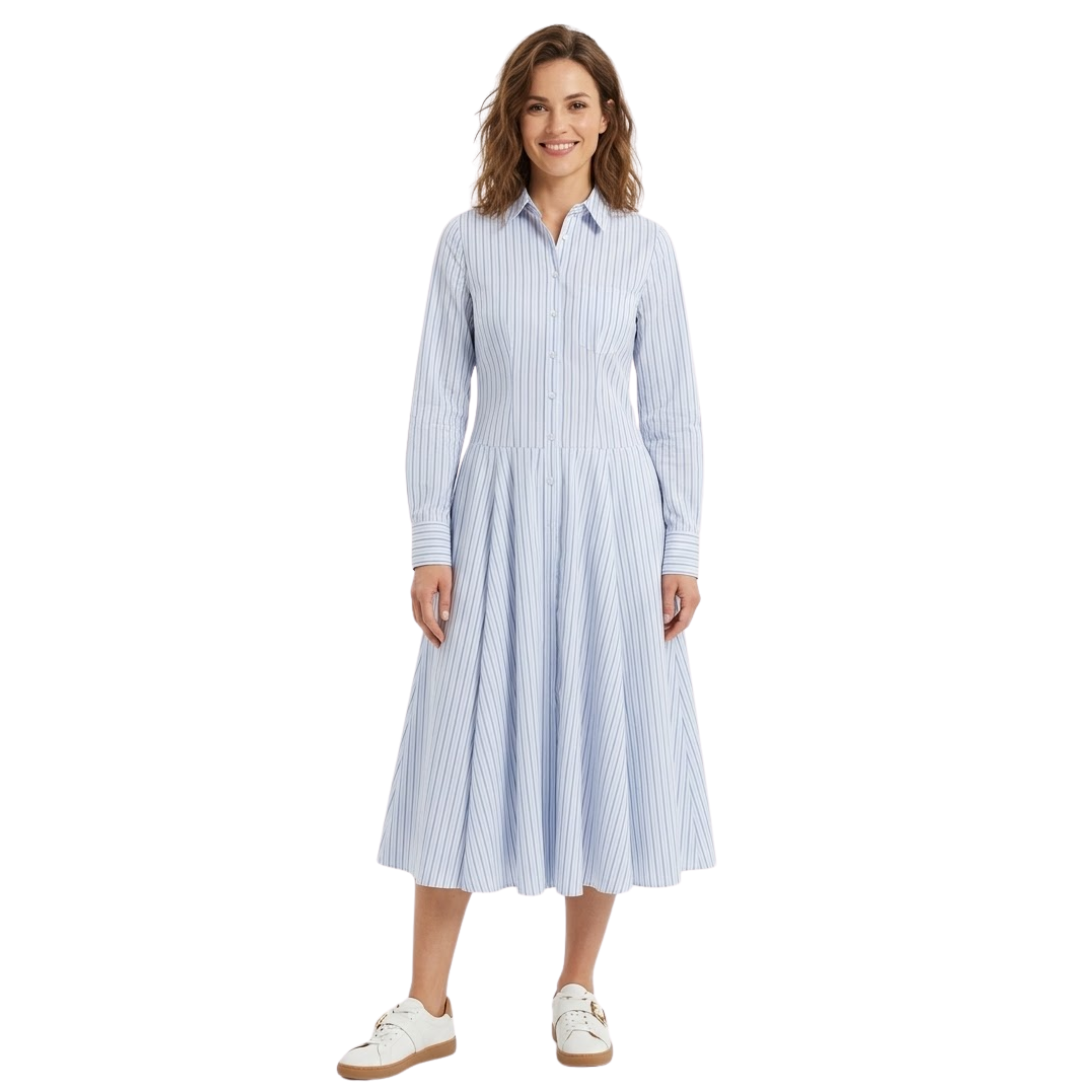 Női hosszú csíkos ruha hajtókás nyakkal és gombos hosszú ujjakkal