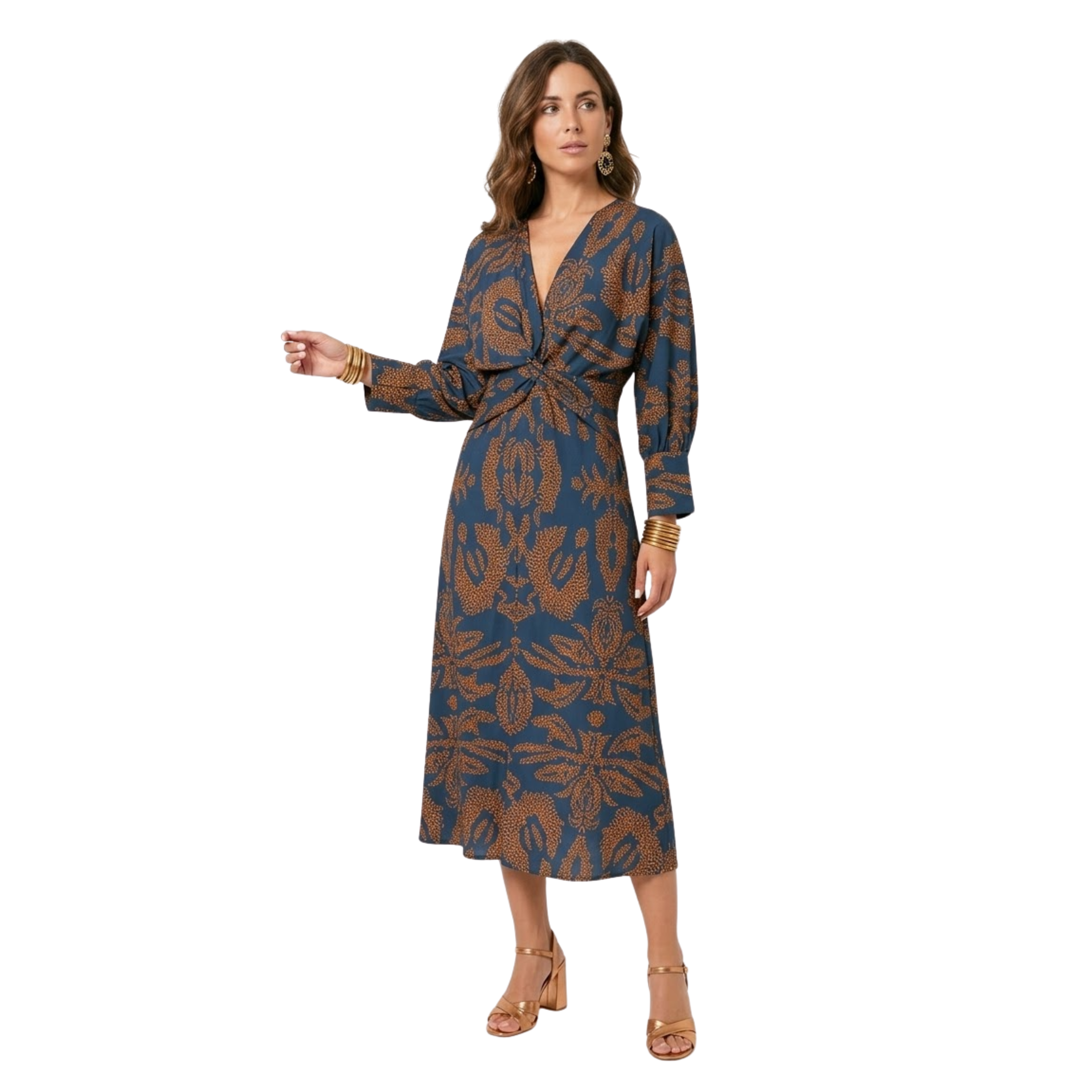 Maxi ruha V-nyakkivágással, barokk mintával és elöl megkötött részlettel