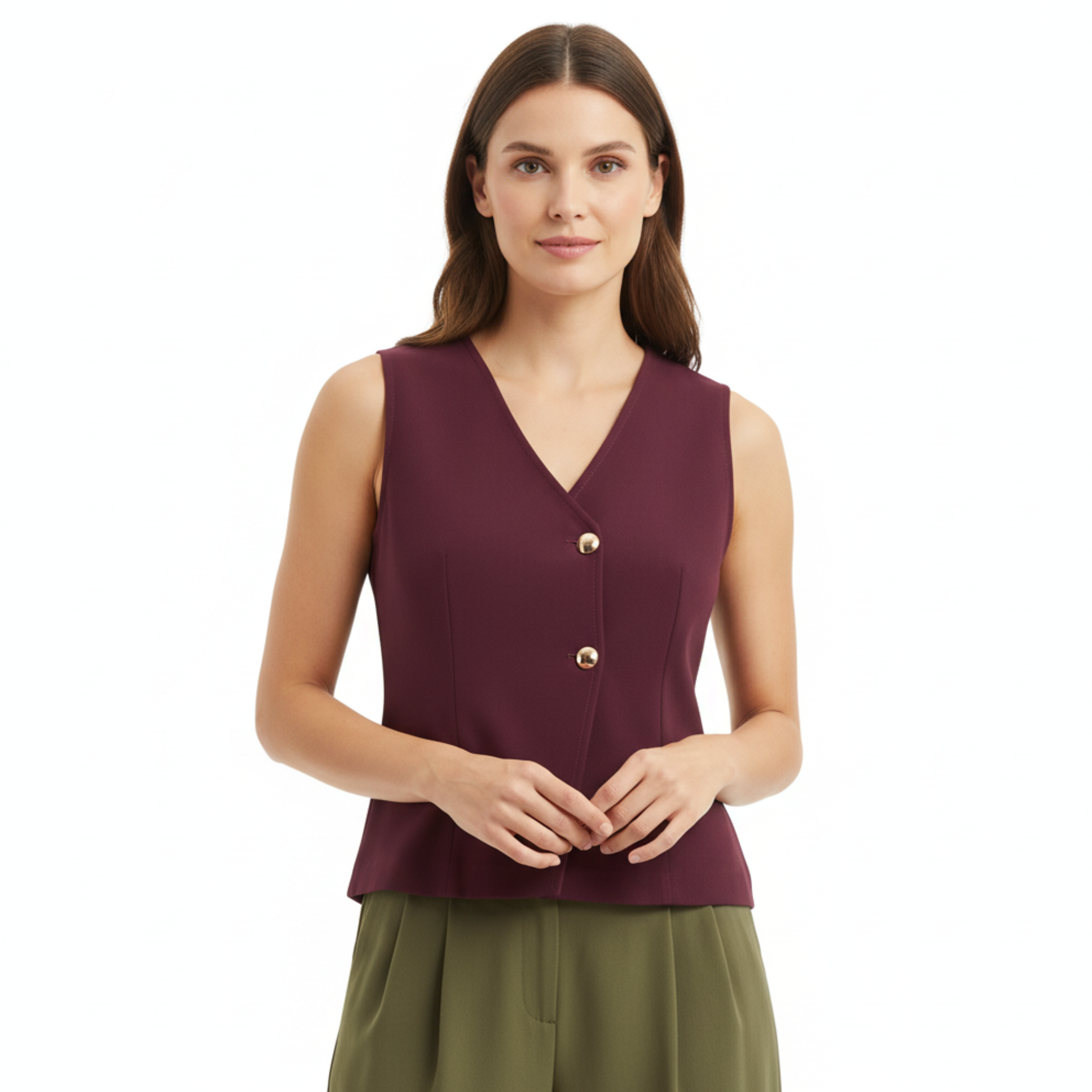 Gilet Sans Manches en Maille à Col en V avec Boutons Dorés pour Femmes