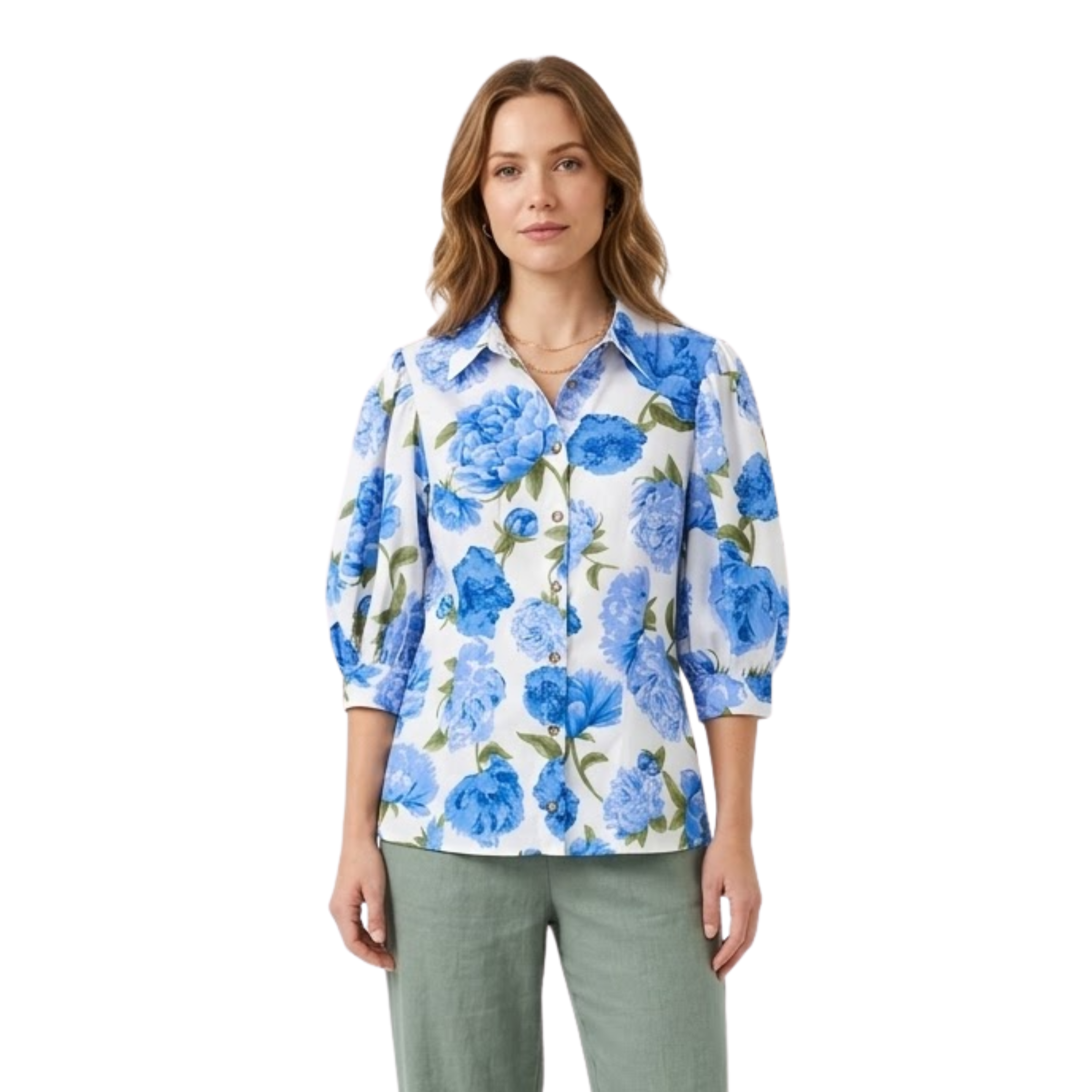 Camisa de flores en popelina con mangas abullonadas y cuello con solapa para mujer