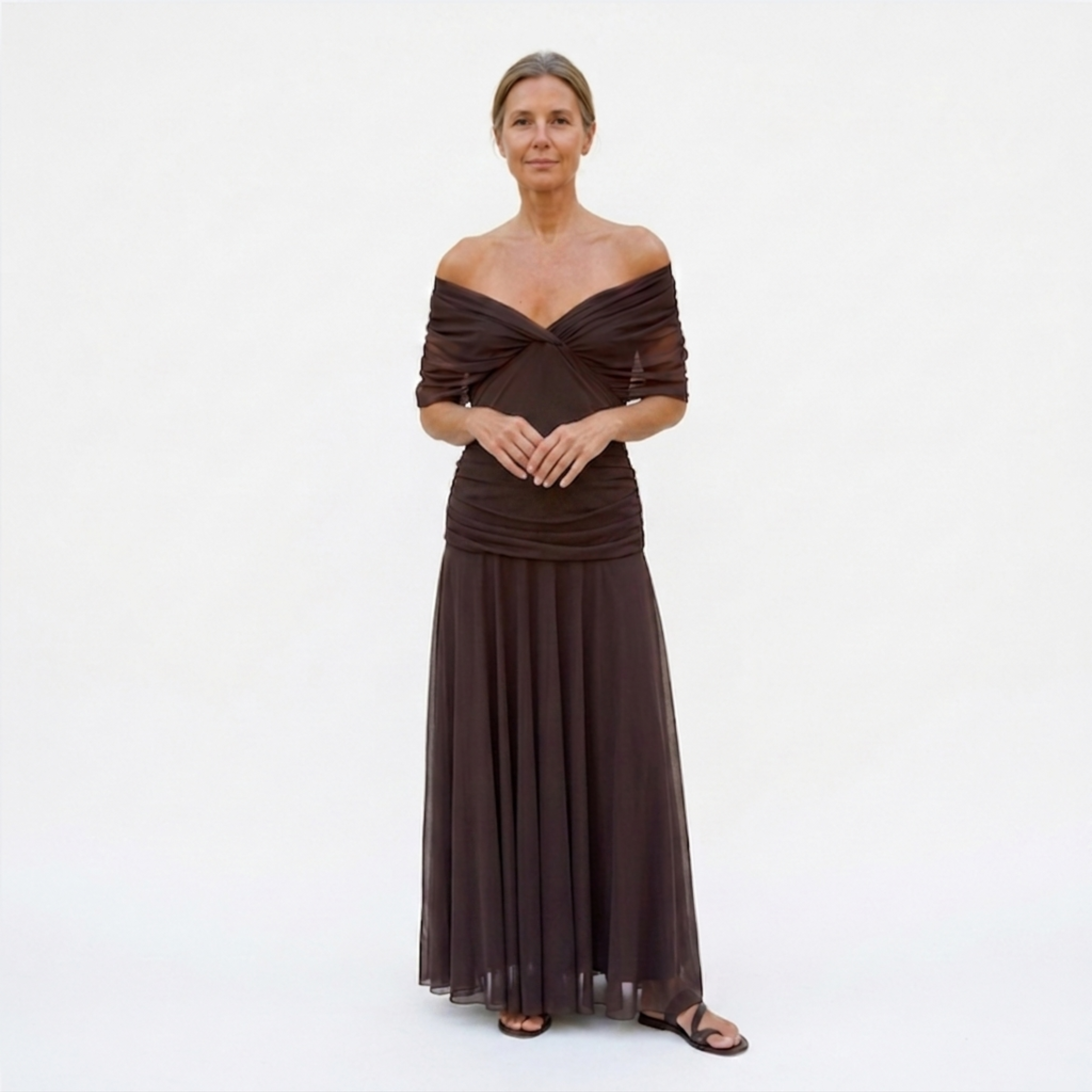 Flared maxi dress — V-neck and flutter sleeves — ceremony