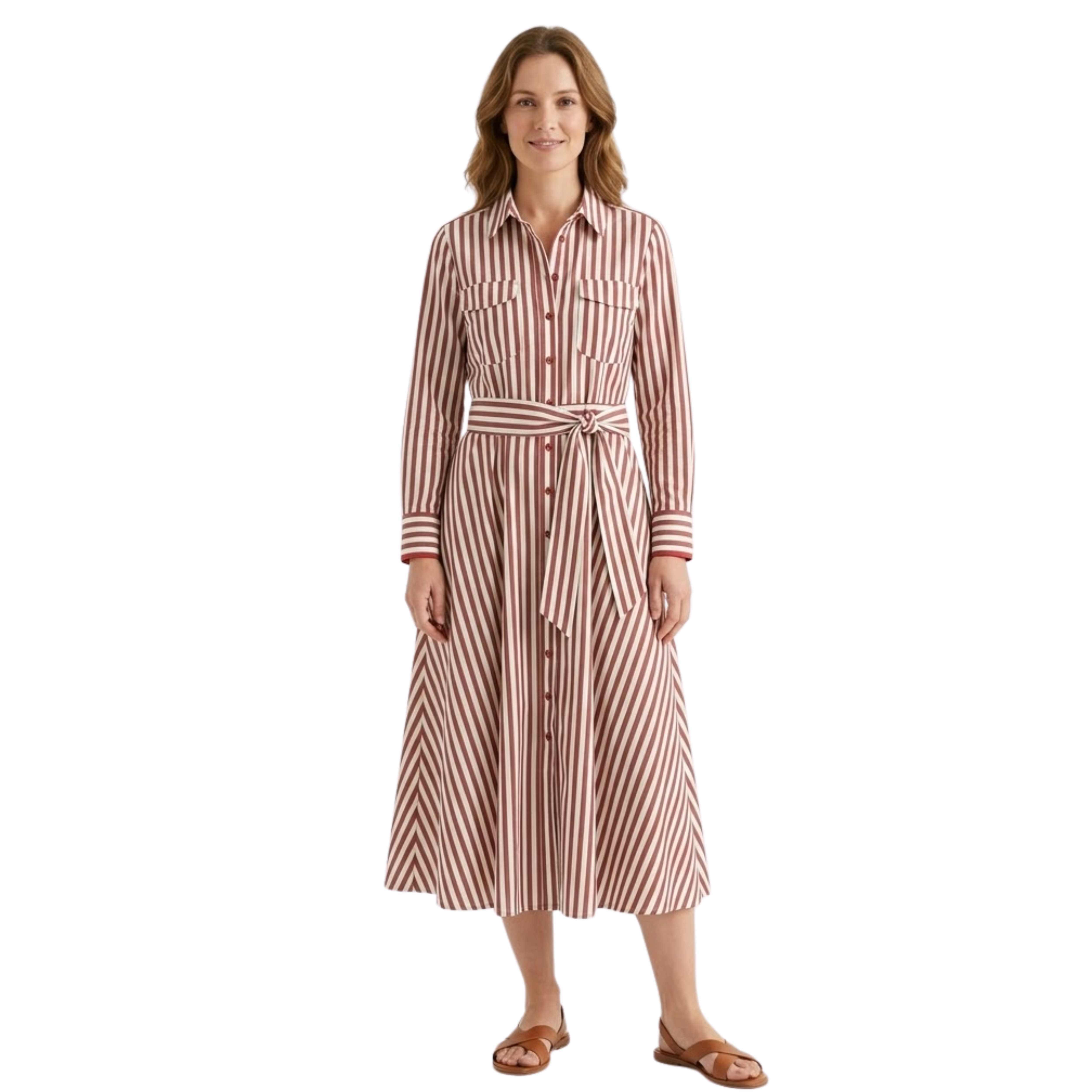 Női csíkos köntös övvel és hosszú, felhajtott ujjakkal