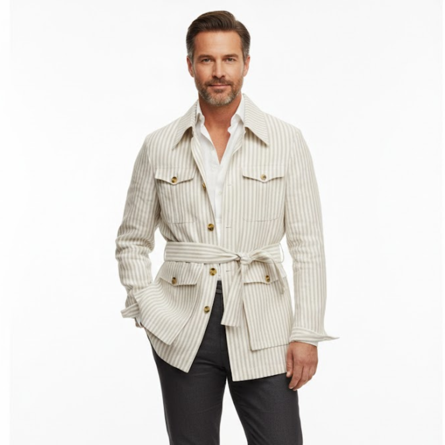 Veste saharienne à rayures pour homme avec ceinture et quatre poches plaquées