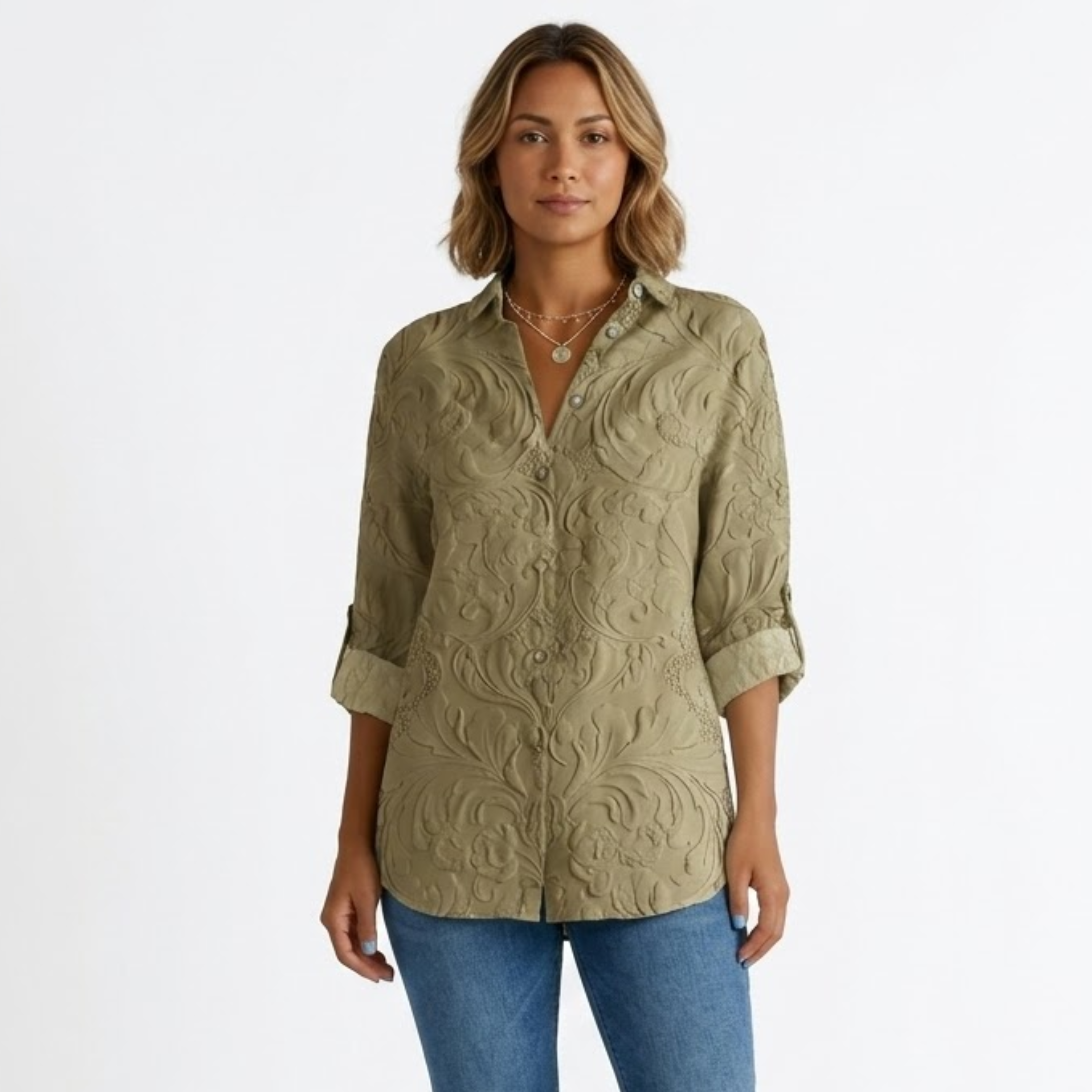 Camicia di cotone a fiori con colletto classico e maniche a tre quarti