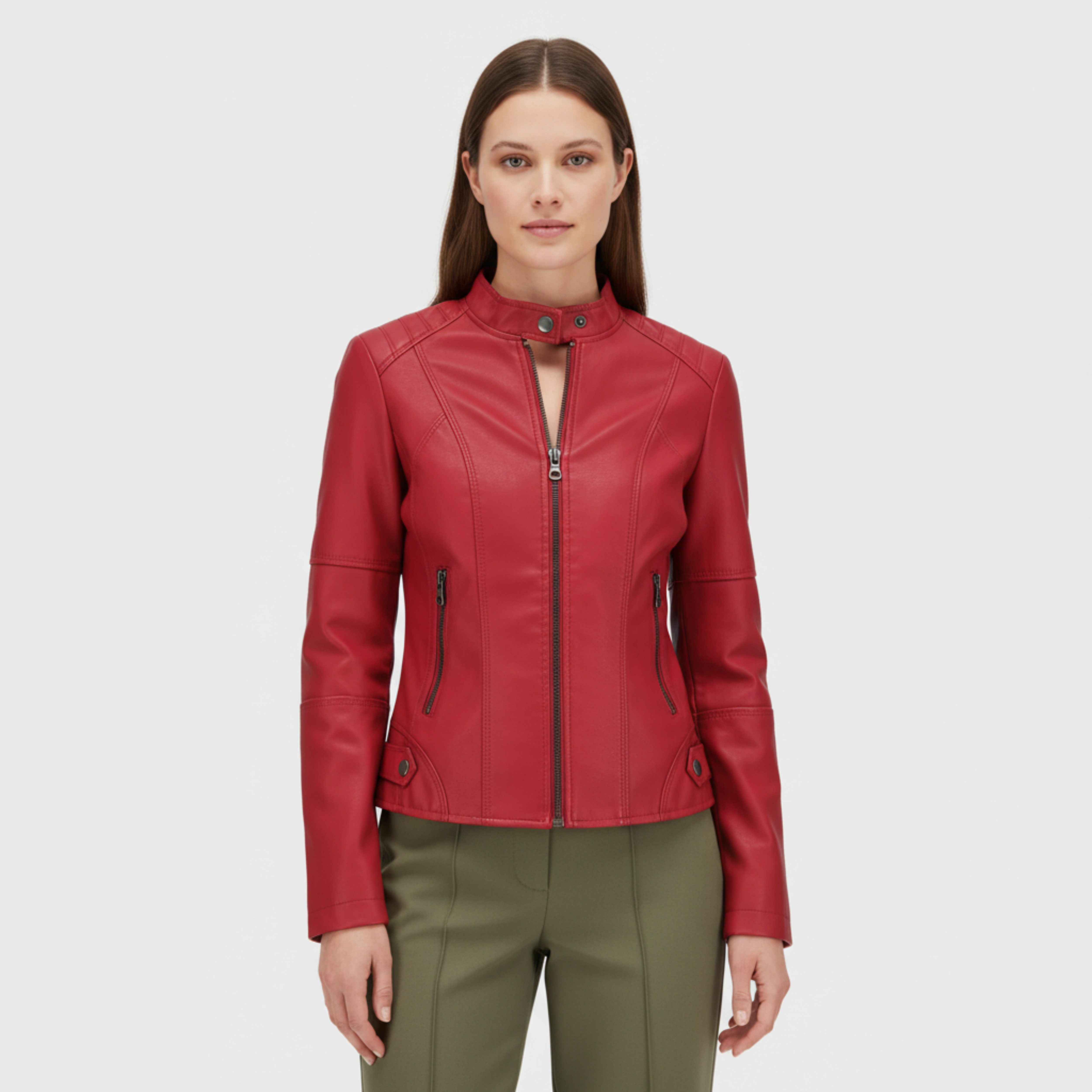 Veste en Cuir pour Femme avec Col Officier et Fermeture Éclair Coupe Cintrée