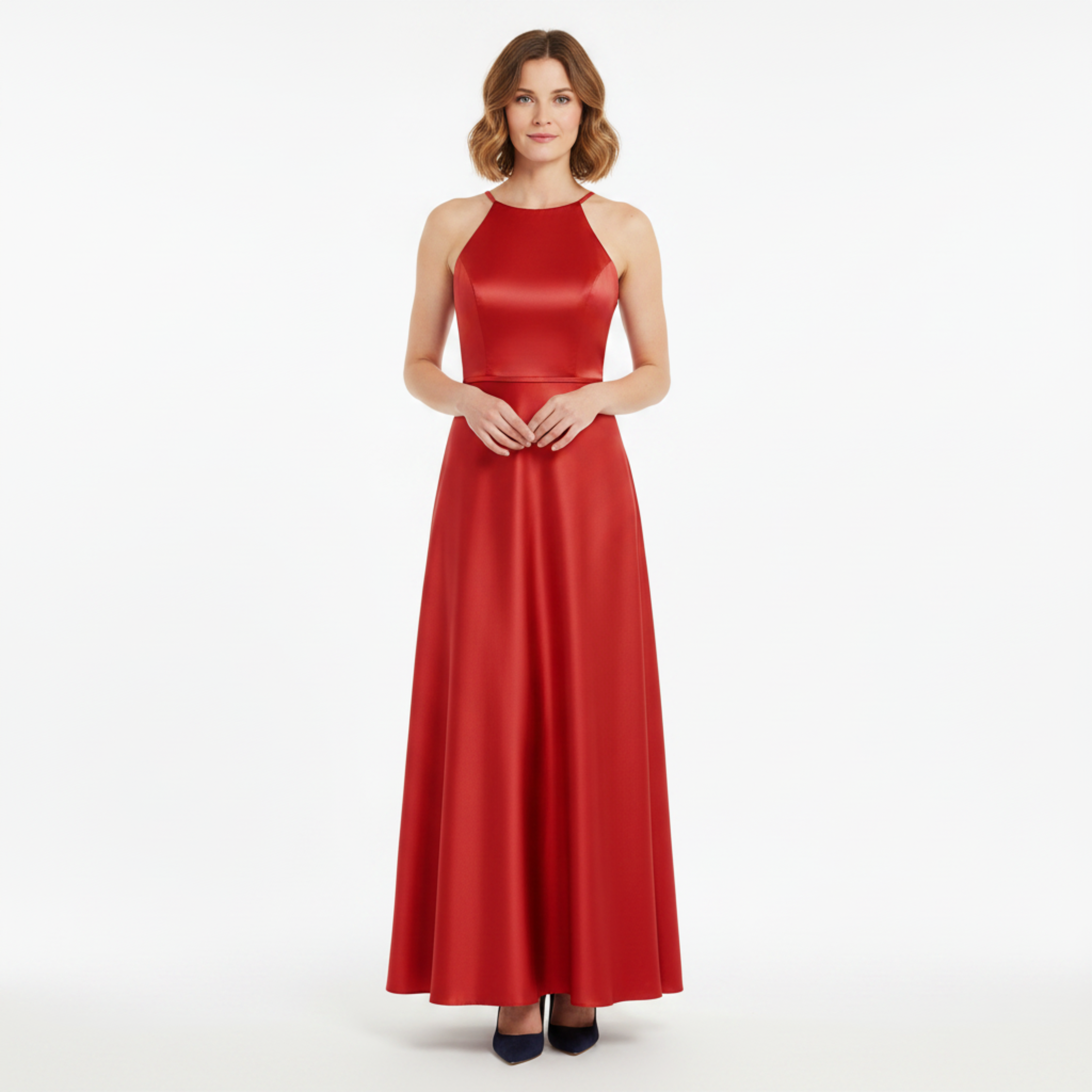 Vestido de ceremonia para mujer en satén brillante corte evasé con espalda descubierta