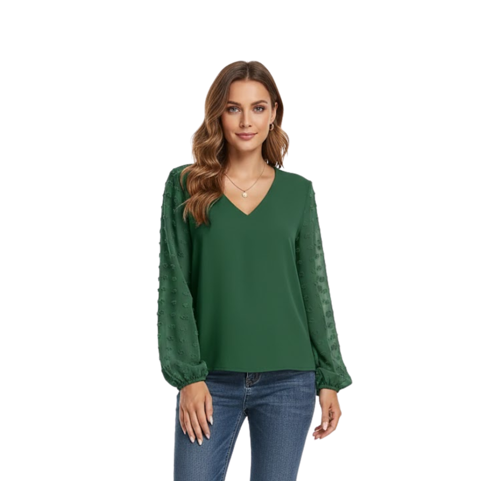 Women's blouse with V-neck, puffed textured sleeves, dotted sheer fabric, flowing