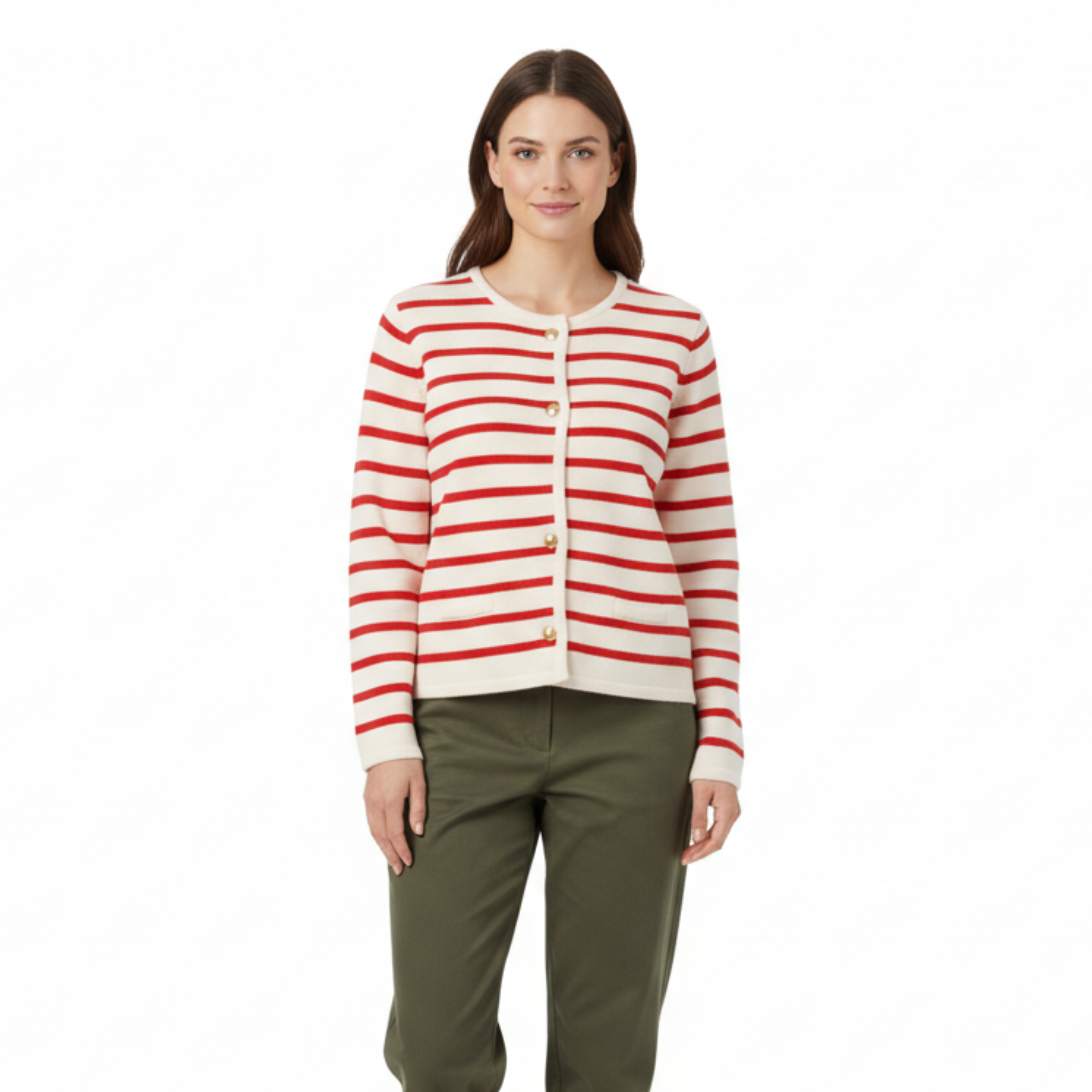 Cardigan lavorato a maglia a righe con scollo rotondo da donna, con chiusura semplice e maniche lunghe